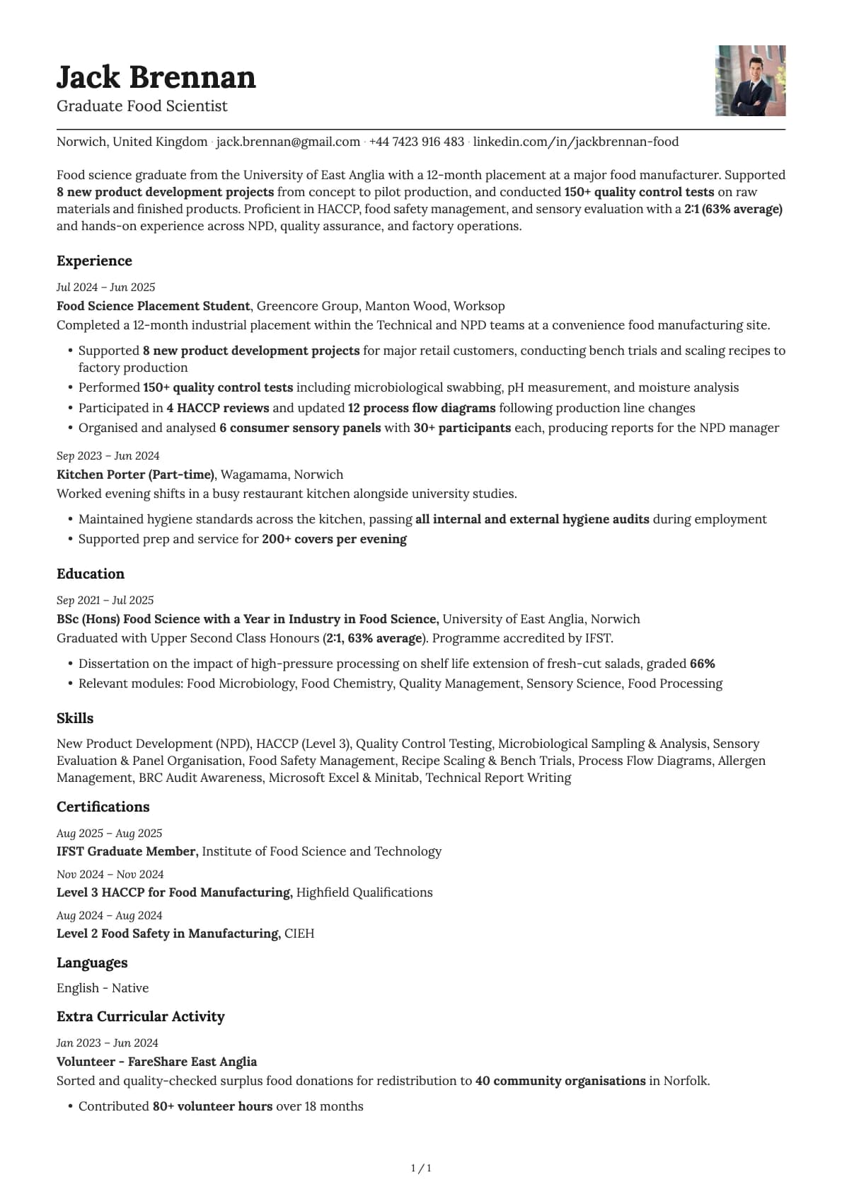 Graduate Food Scientist resume example