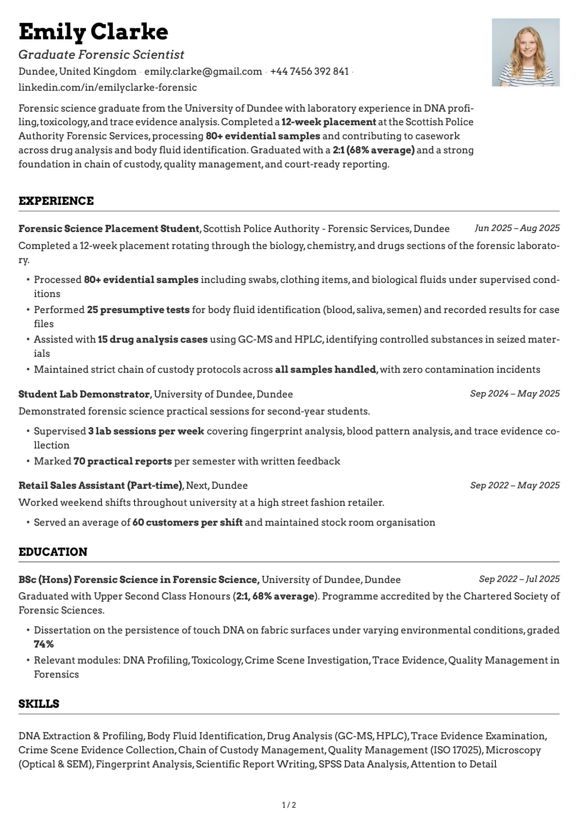 Graduate Forensic Scientist resume example