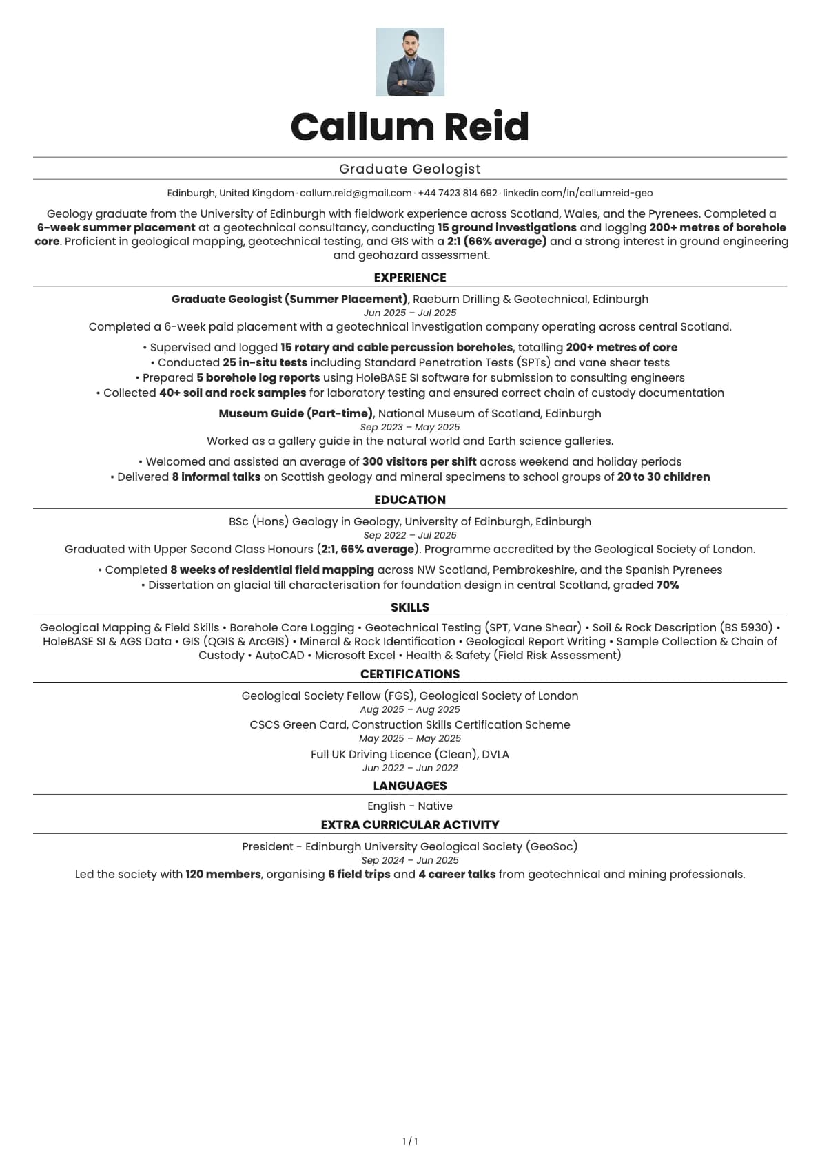 Graduate Geologist resume example