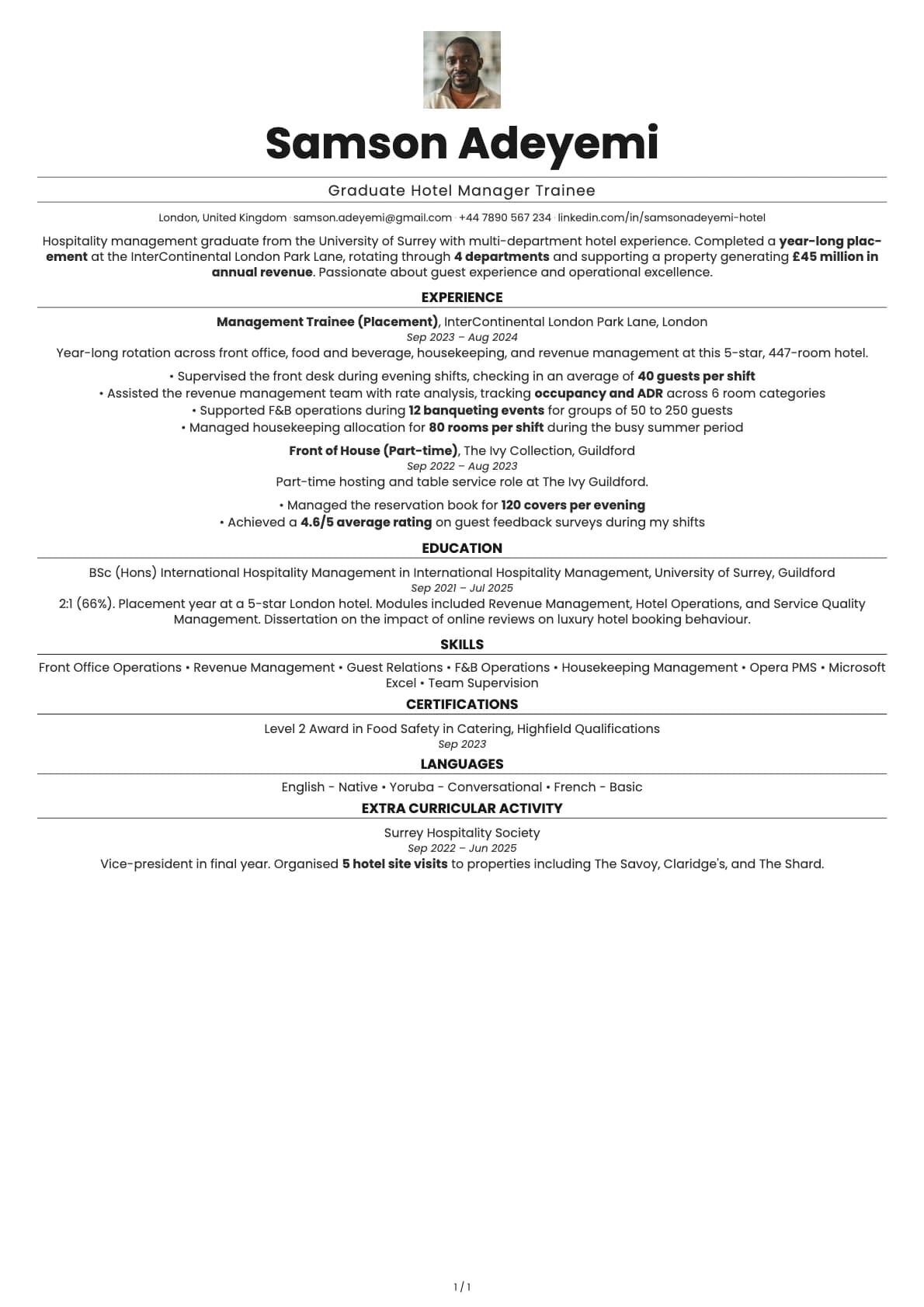 Graduate Hotel Manager Trainee resume example
