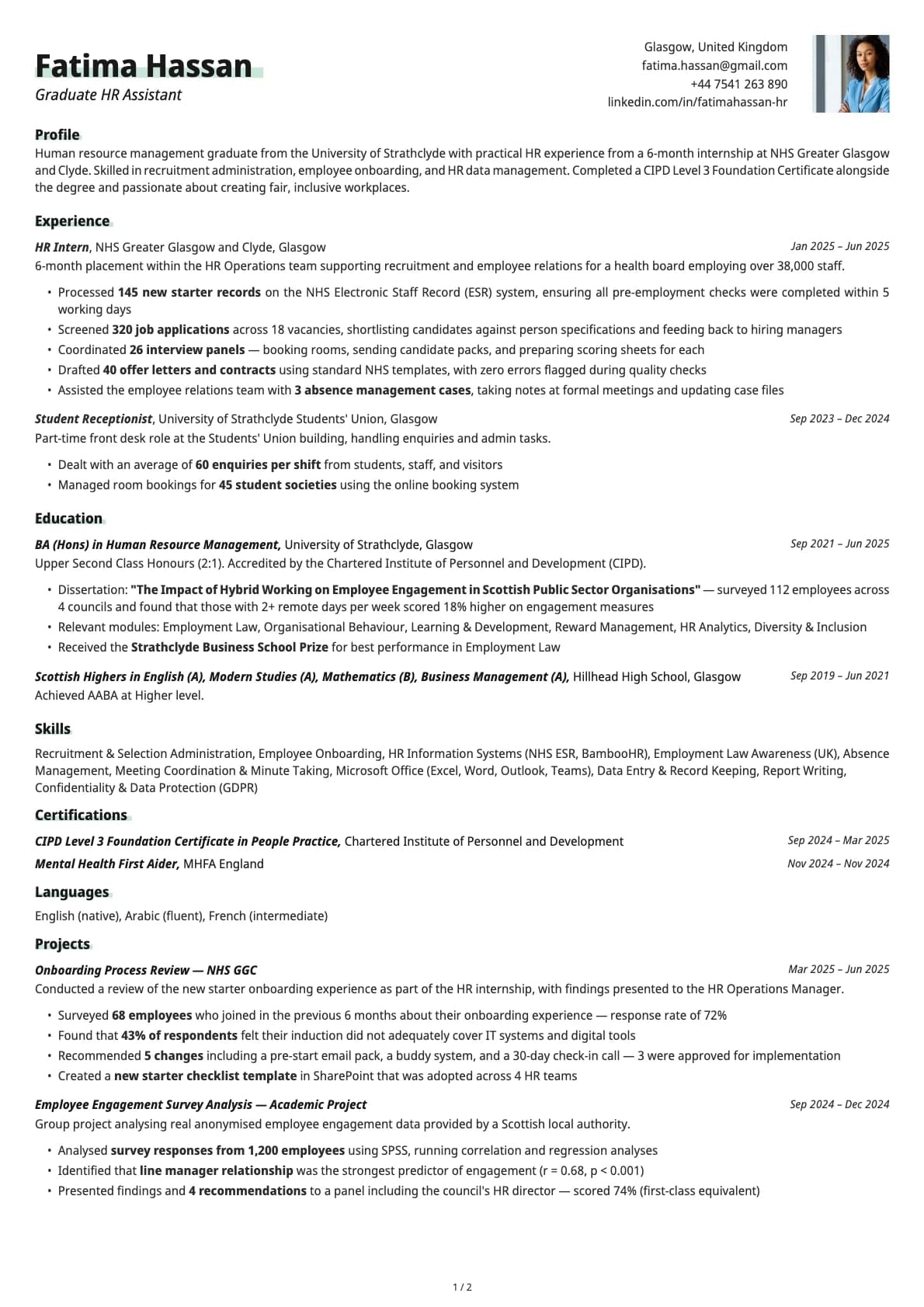 Graduate HR Assistant resume example
