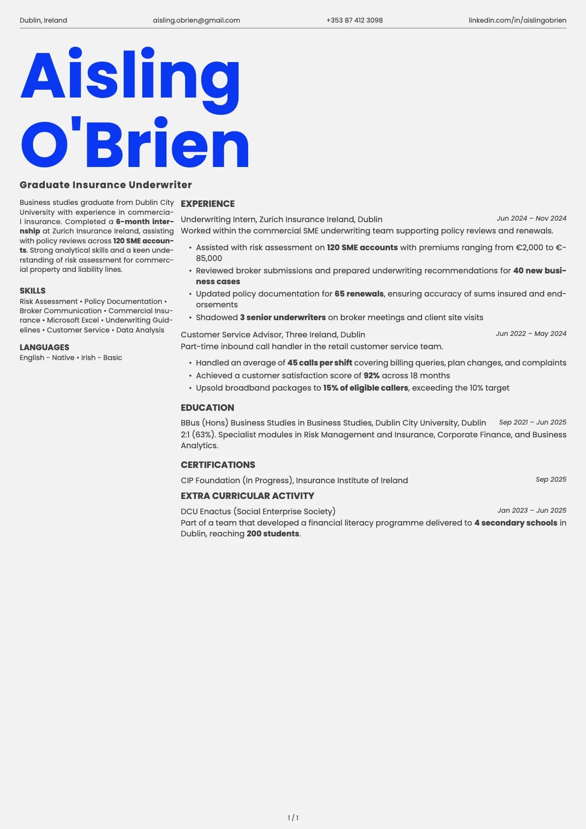 Graduate Insurance Underwriter resume example