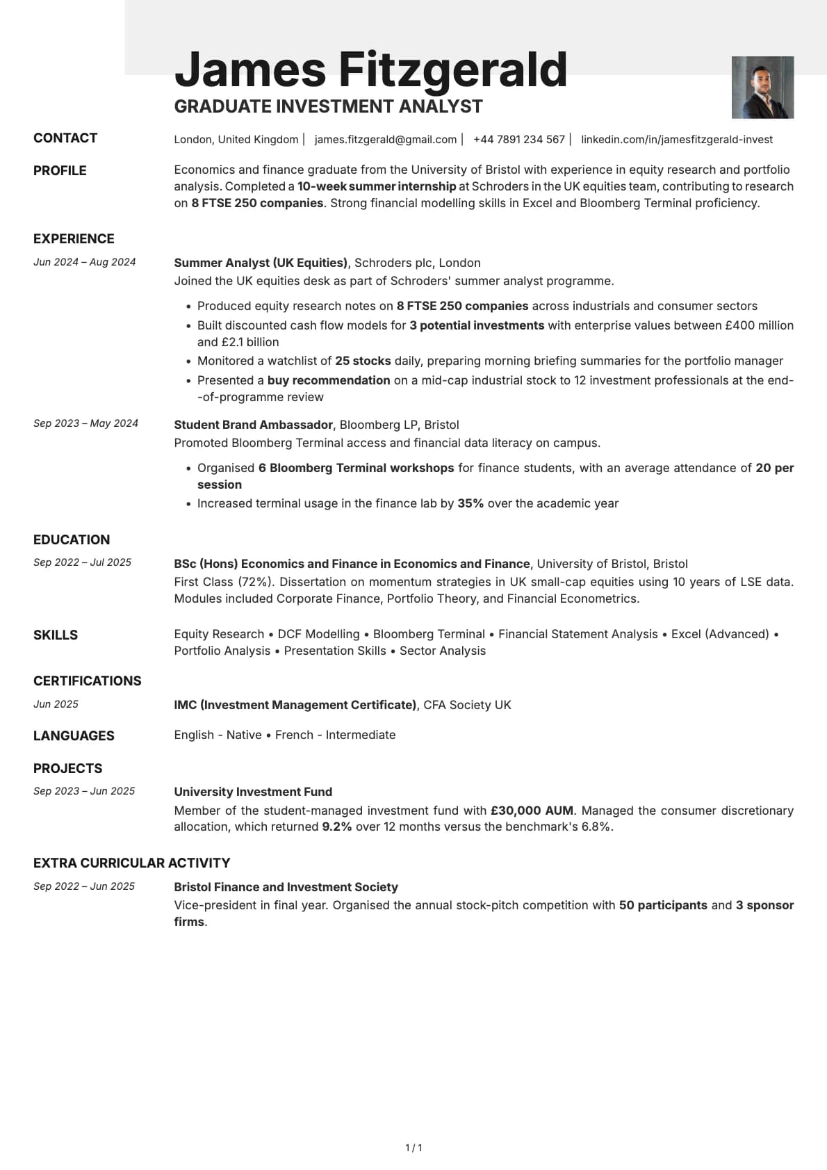 Graduate Investment Analyst resume example