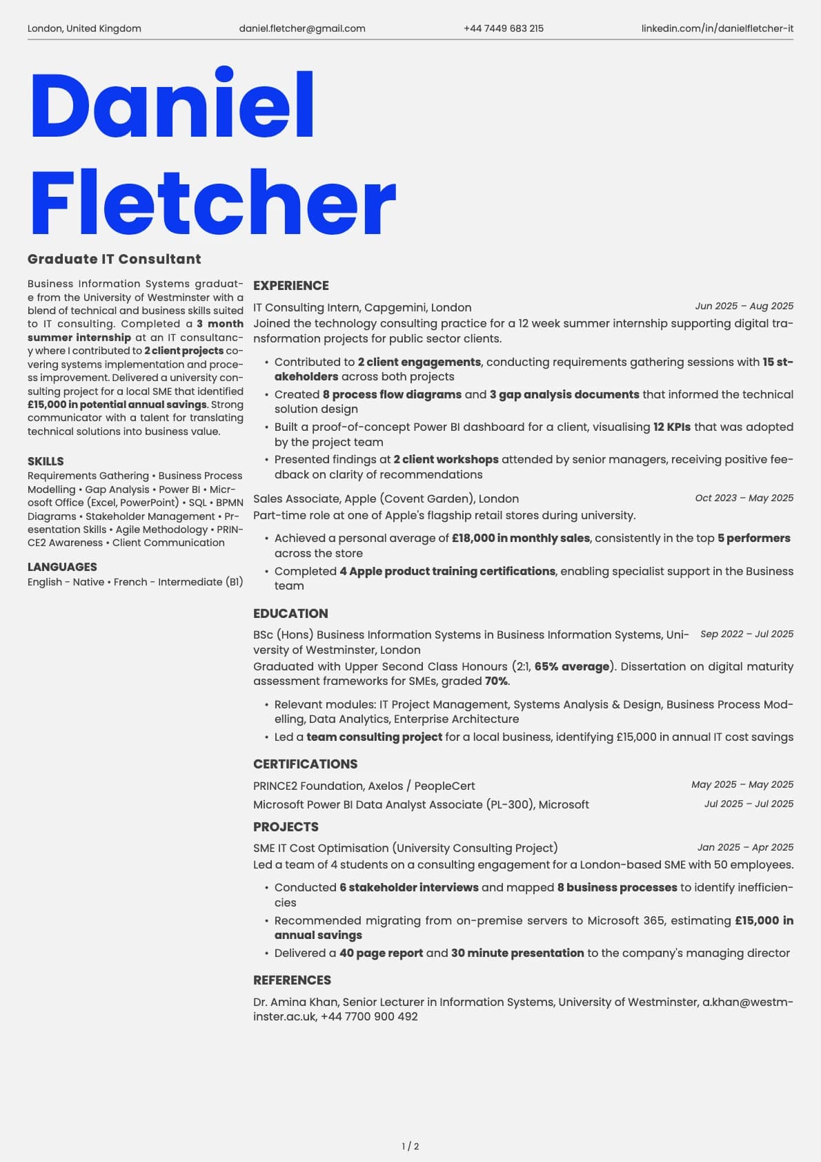 Graduate IT Consultant resume example