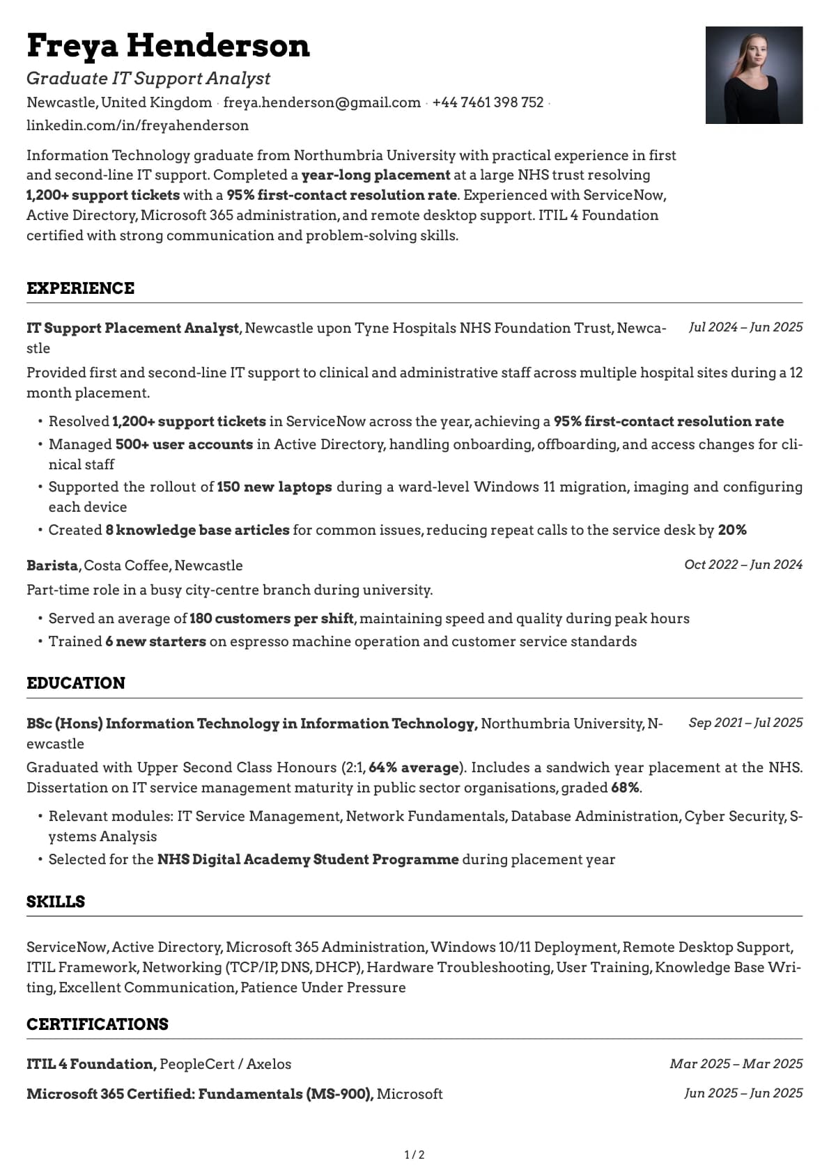 Graduate IT Support Analyst resume example