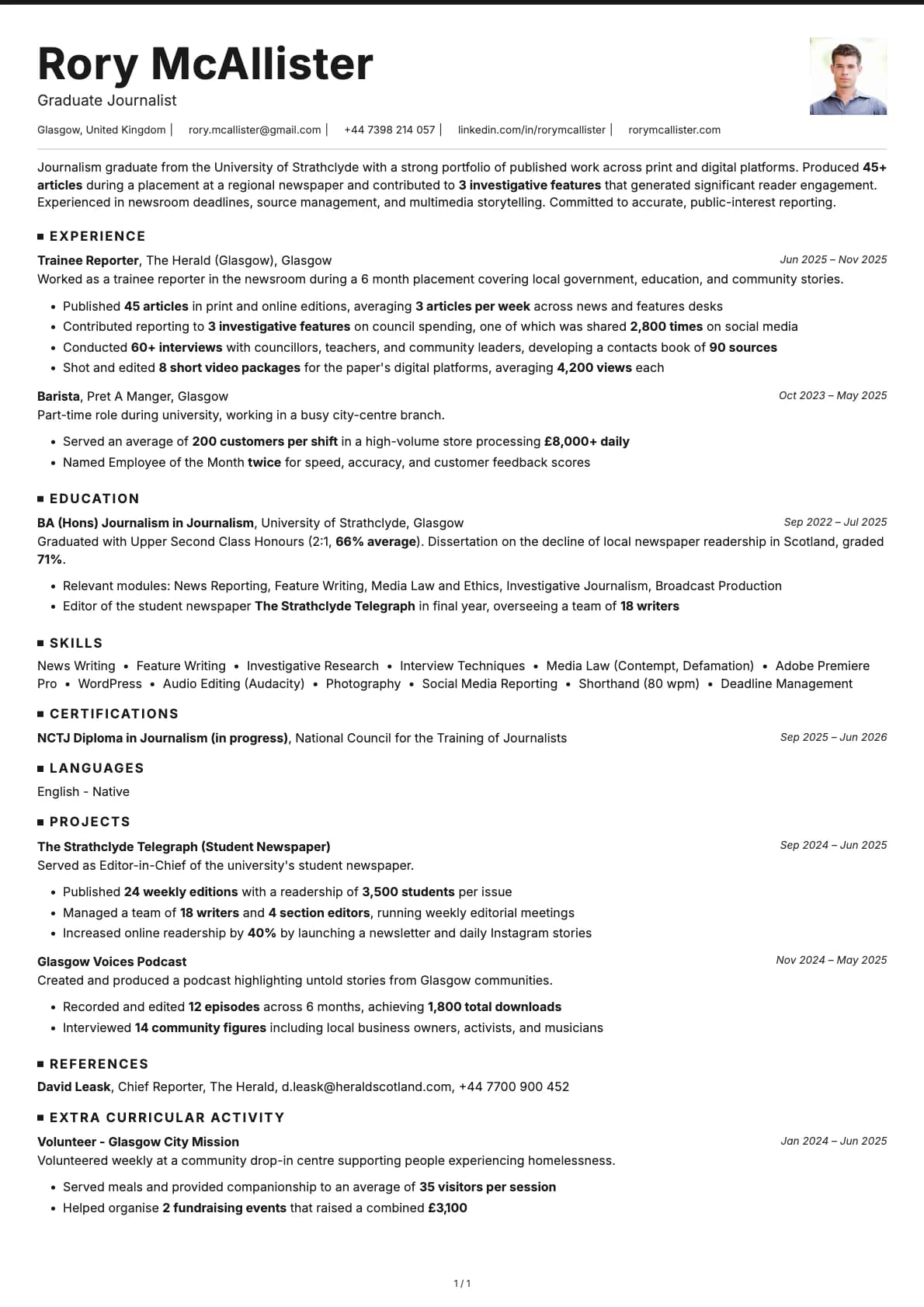 Graduate Journalist resume example