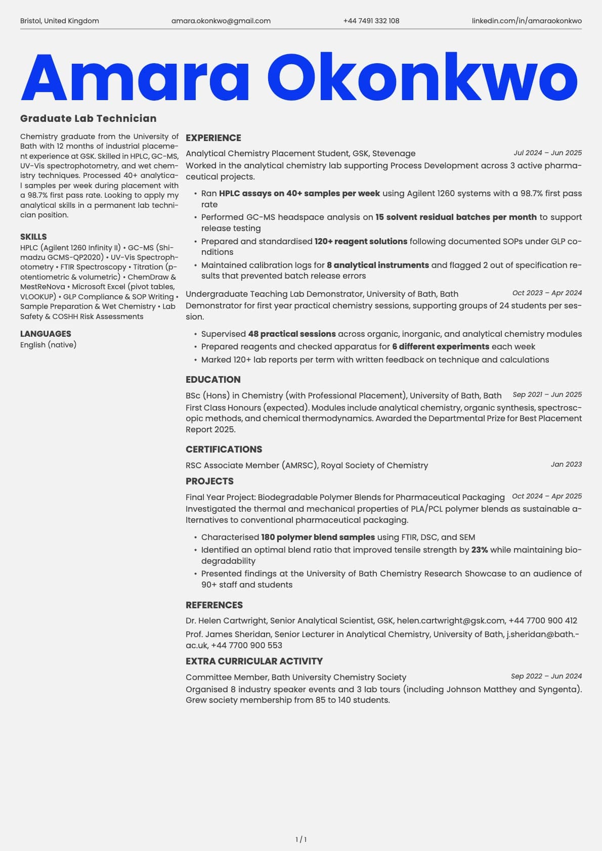 Graduate Lab Technician resume example