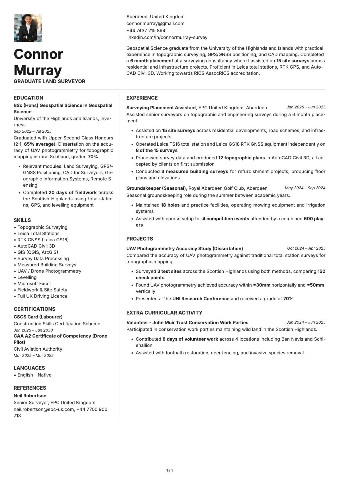 Graduate Land Surveyor resume example