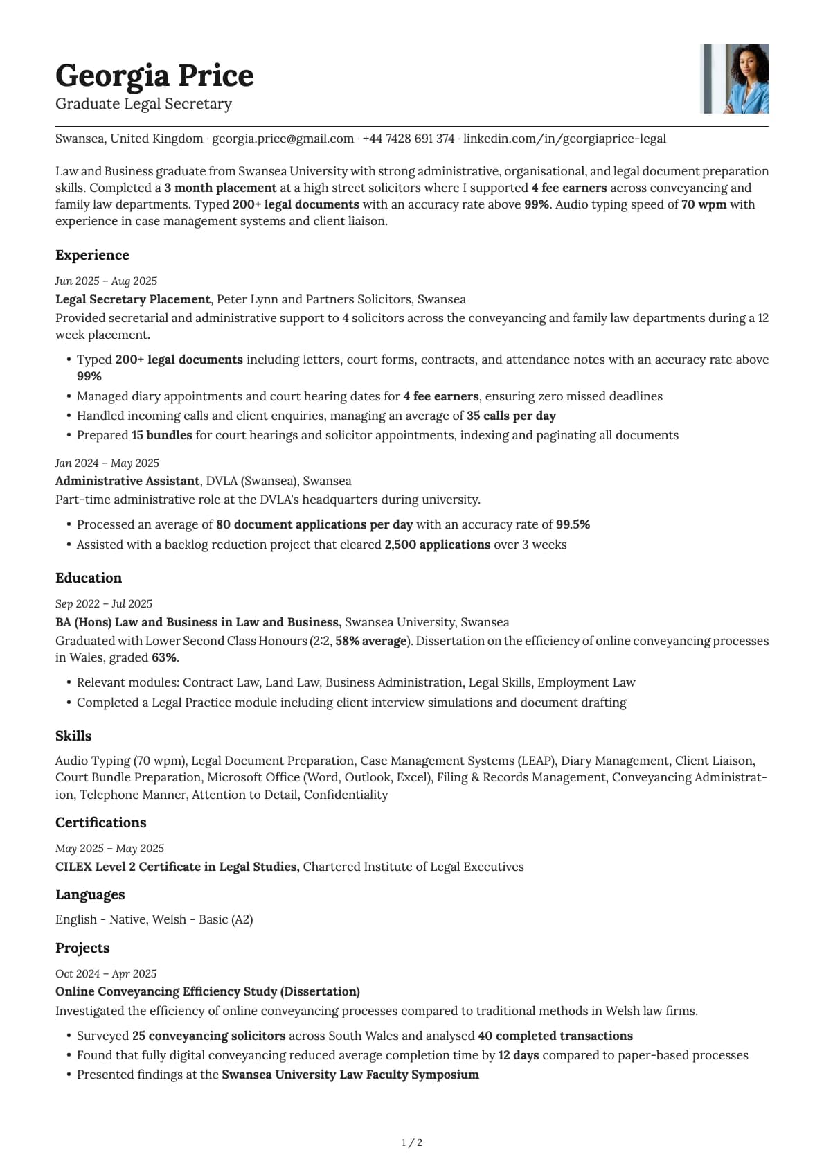 Graduate Legal Secretary resume example