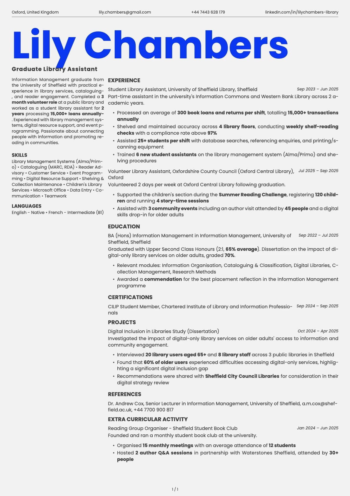 Graduate Library Assistant resume example