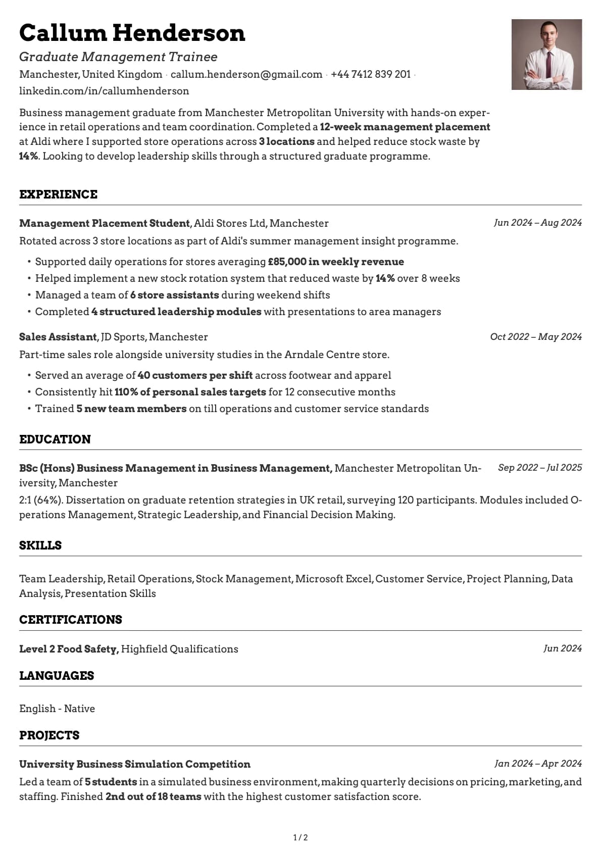 Graduate Management Trainee resume example