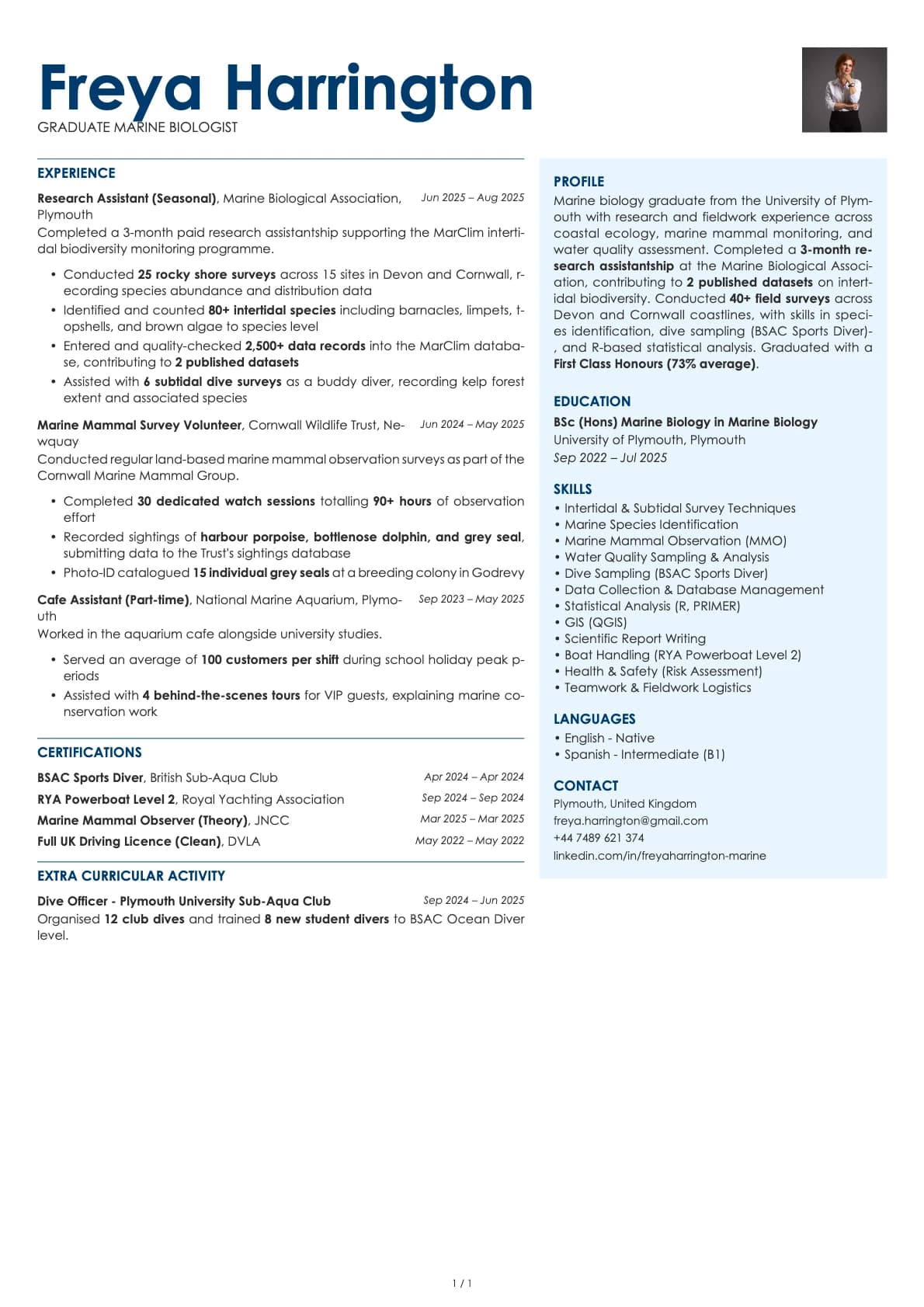 Graduate Marine Biologist resume example