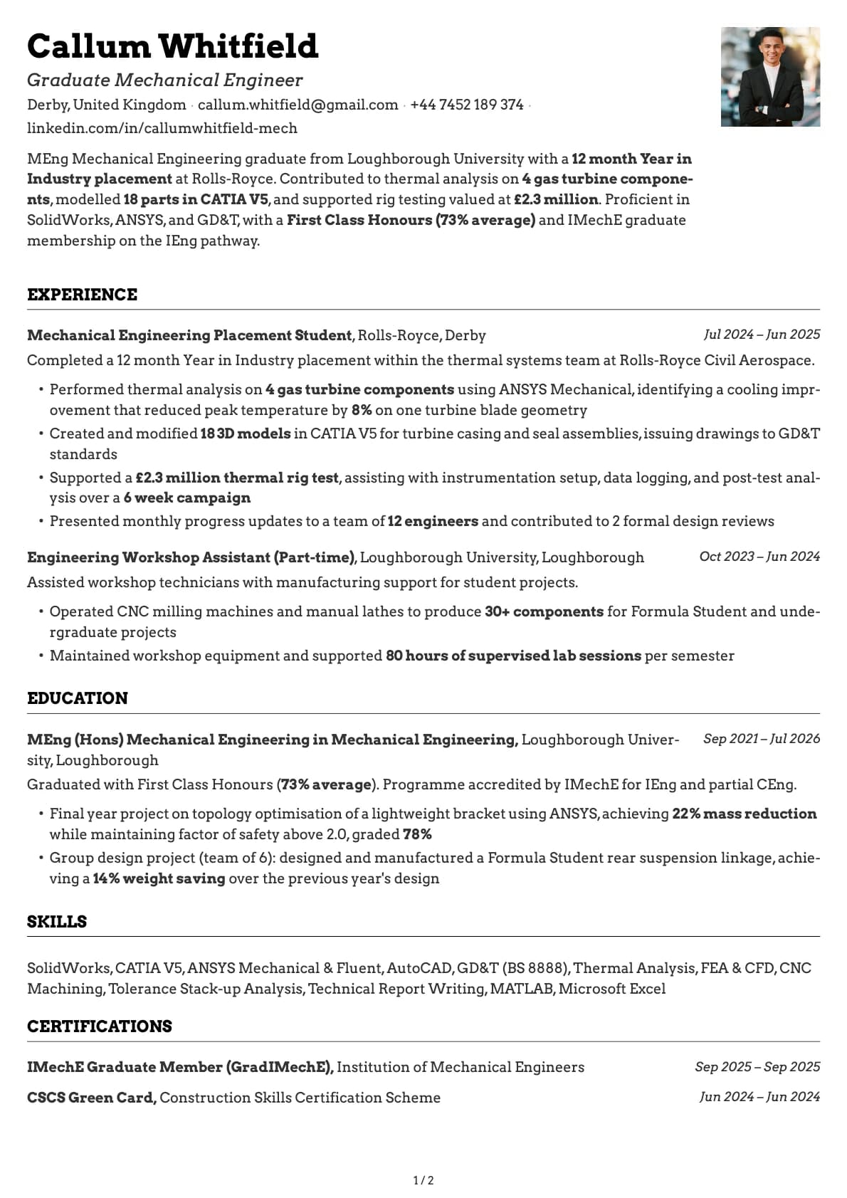 Graduate Mechanical Engineer resume example