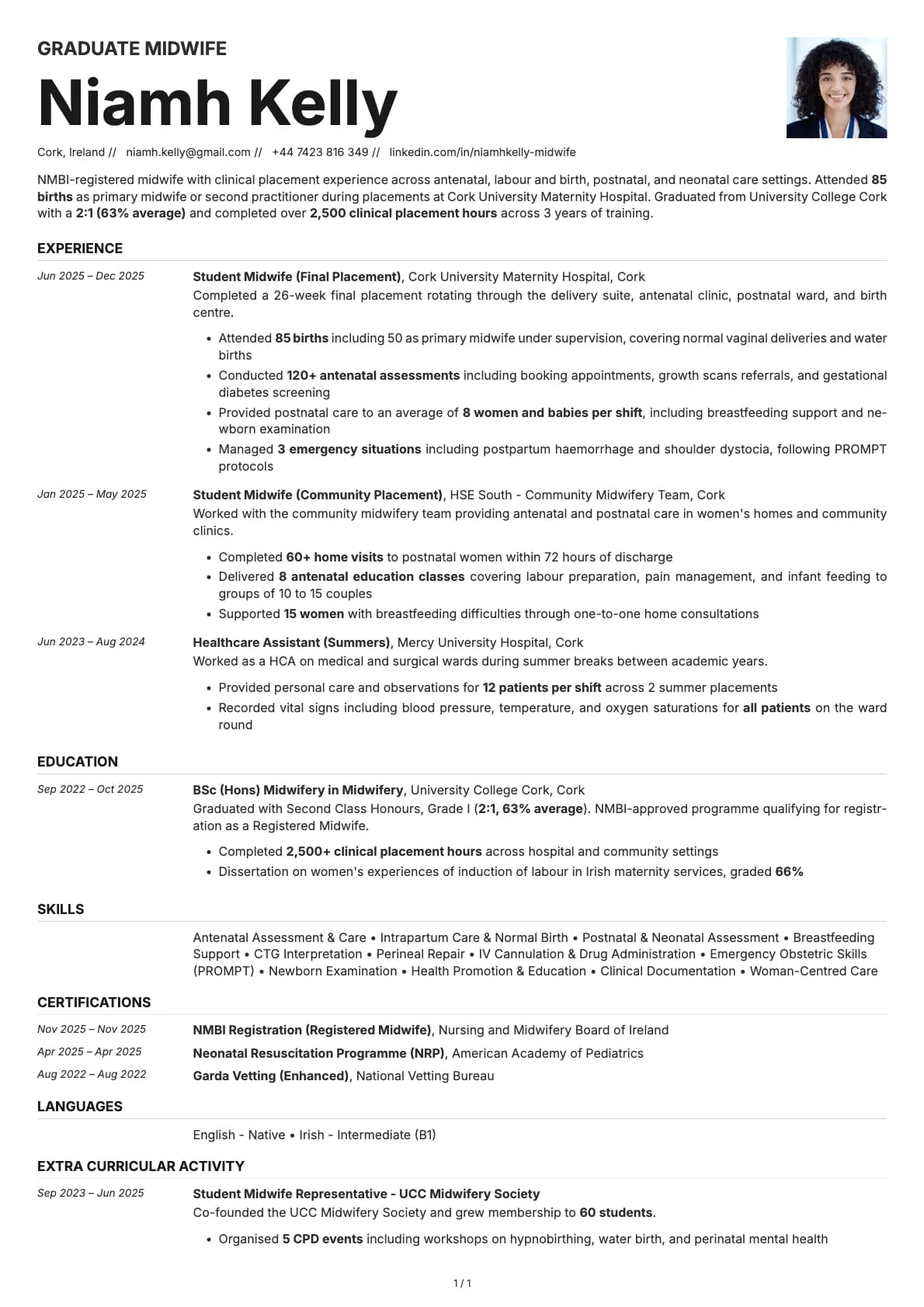 Graduate Midwife resume example