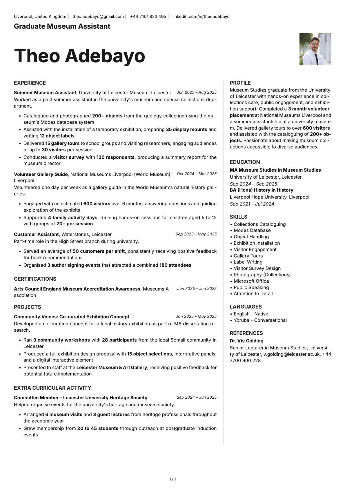 Graduate Museum Assistant resume example