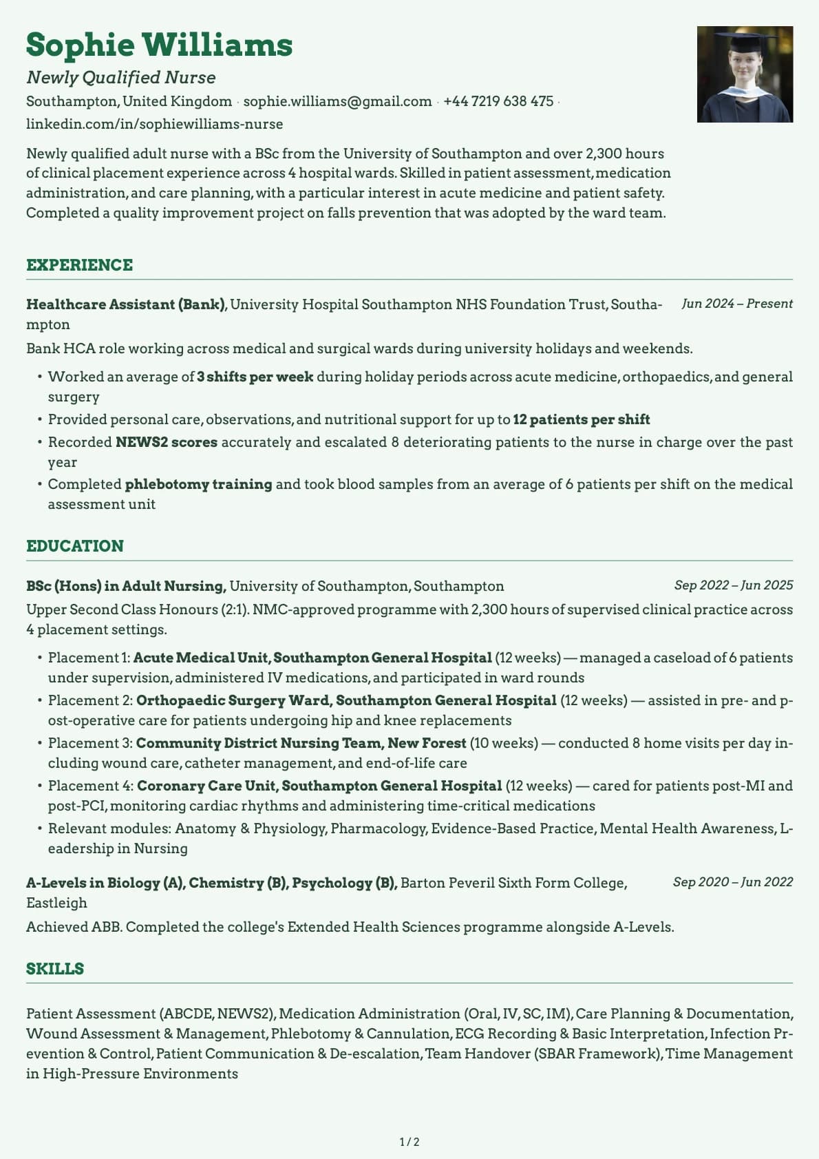 Graduate Nurse resume example