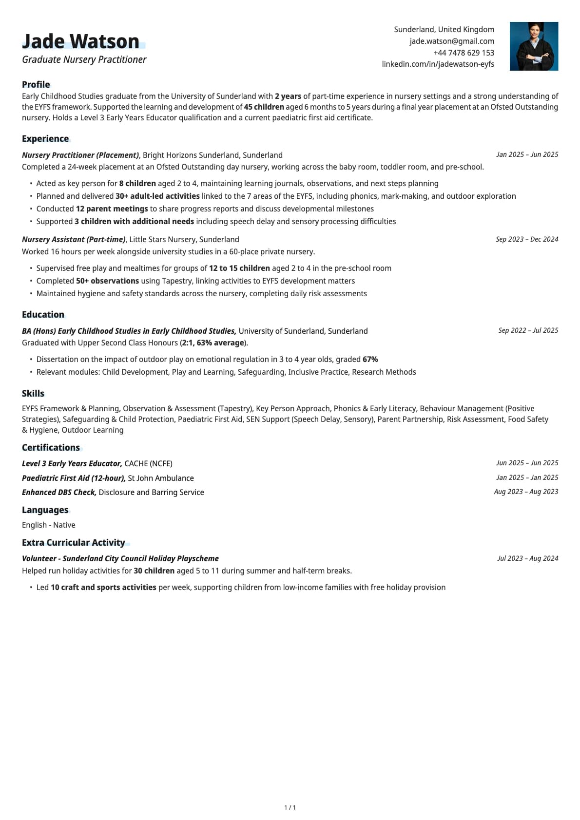 Graduate Nursery Practitioner resume example