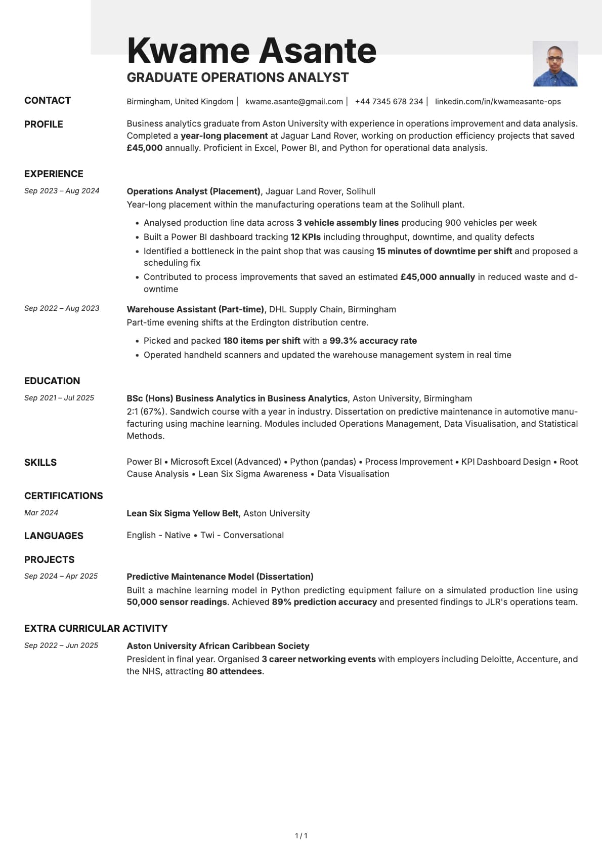 Graduate Operations Analyst resume example