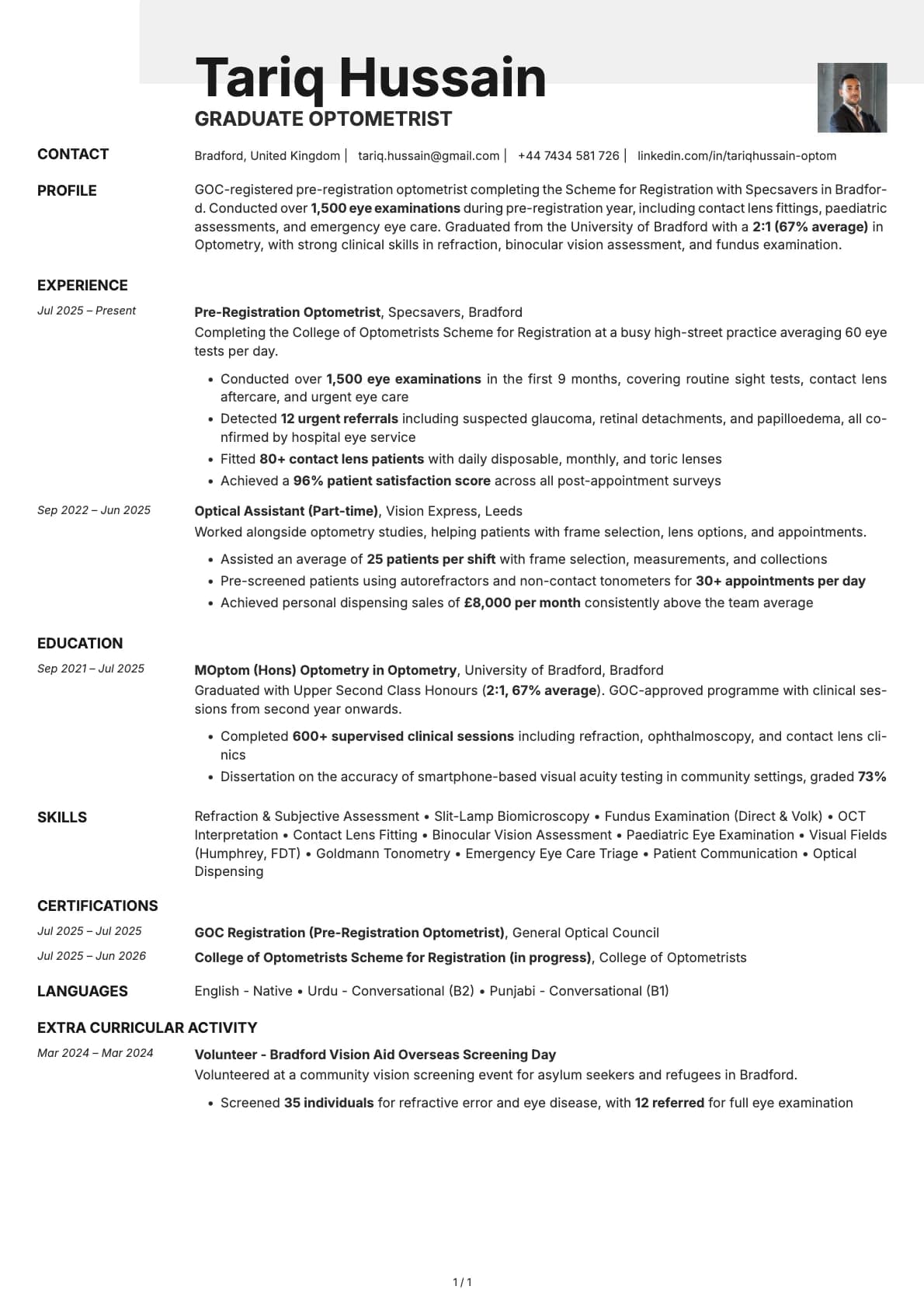 Graduate Optometrist resume example
