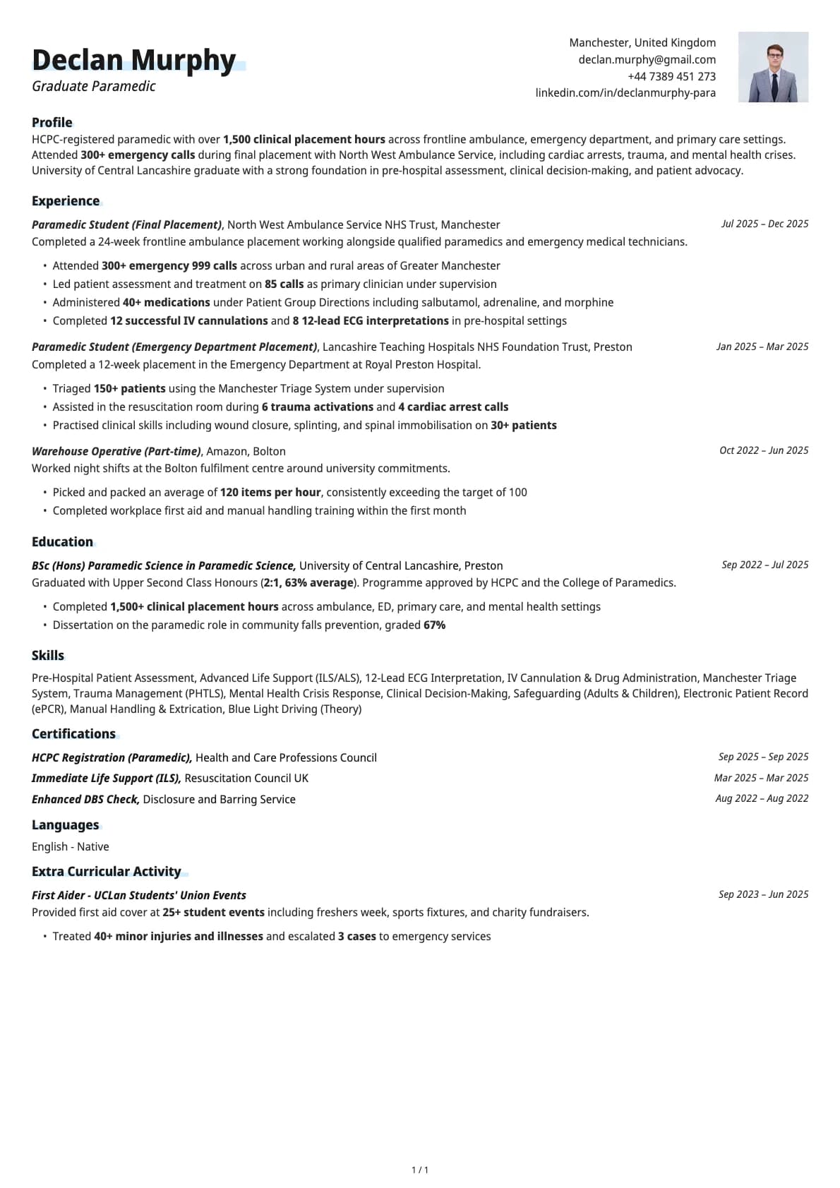 Graduate Paramedic resume example