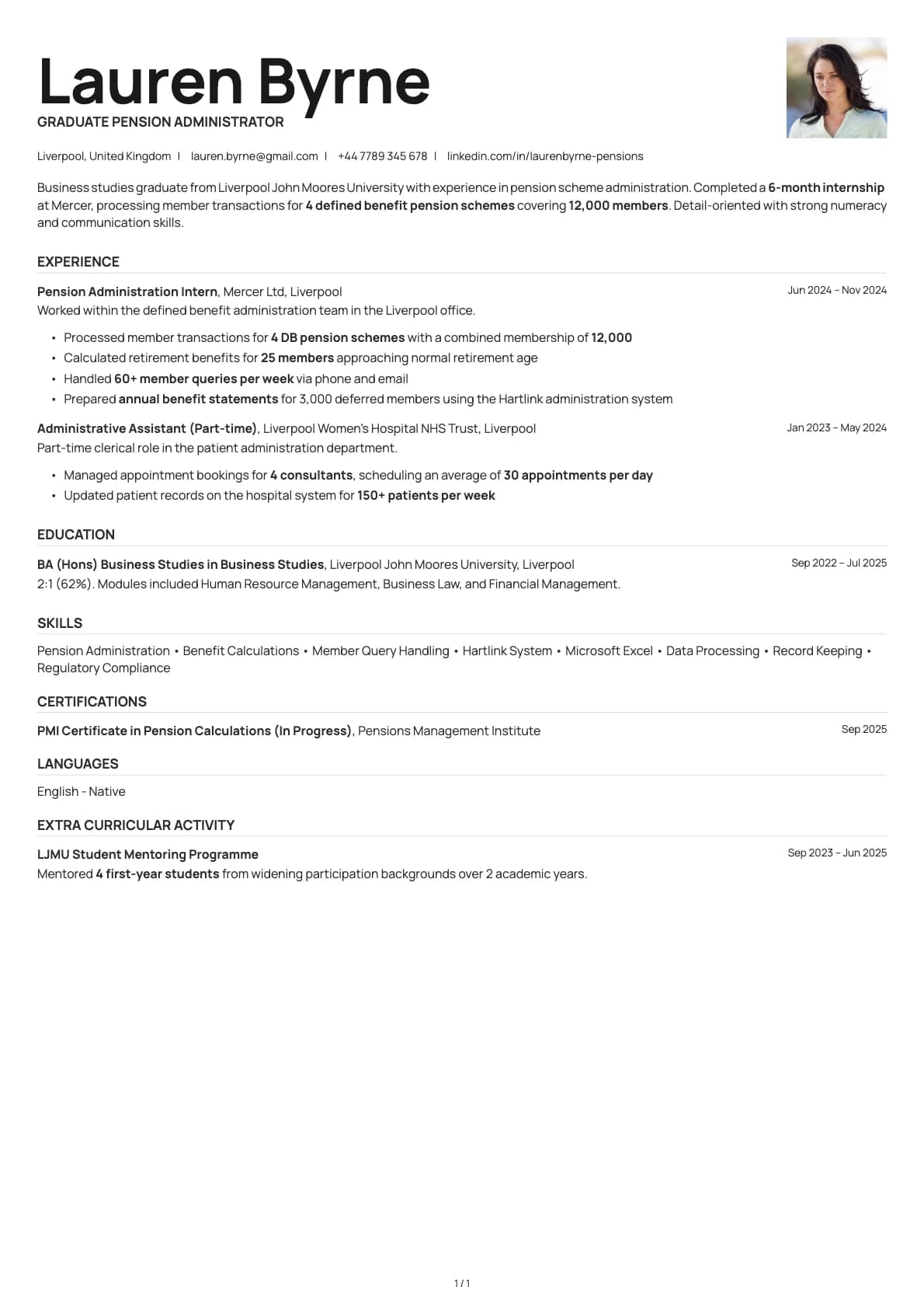 Graduate Pension Administrator resume example