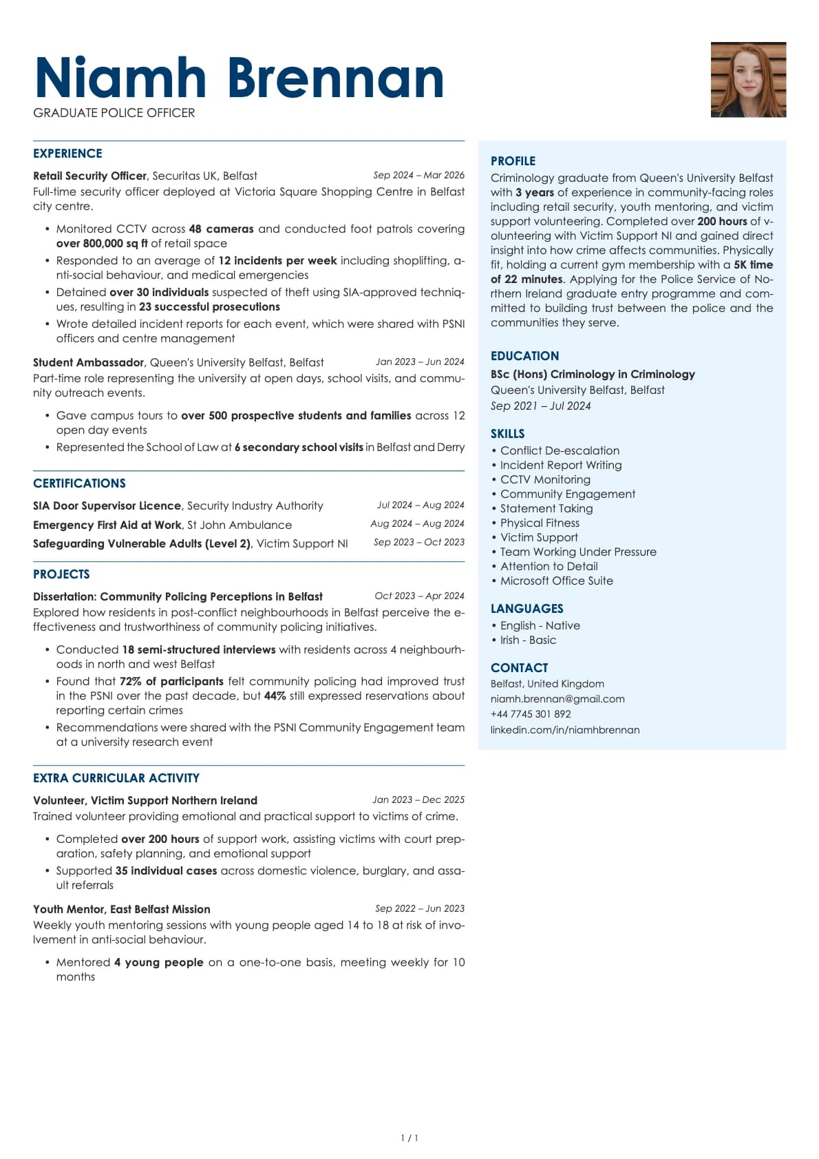 Graduate Police Officer resume example