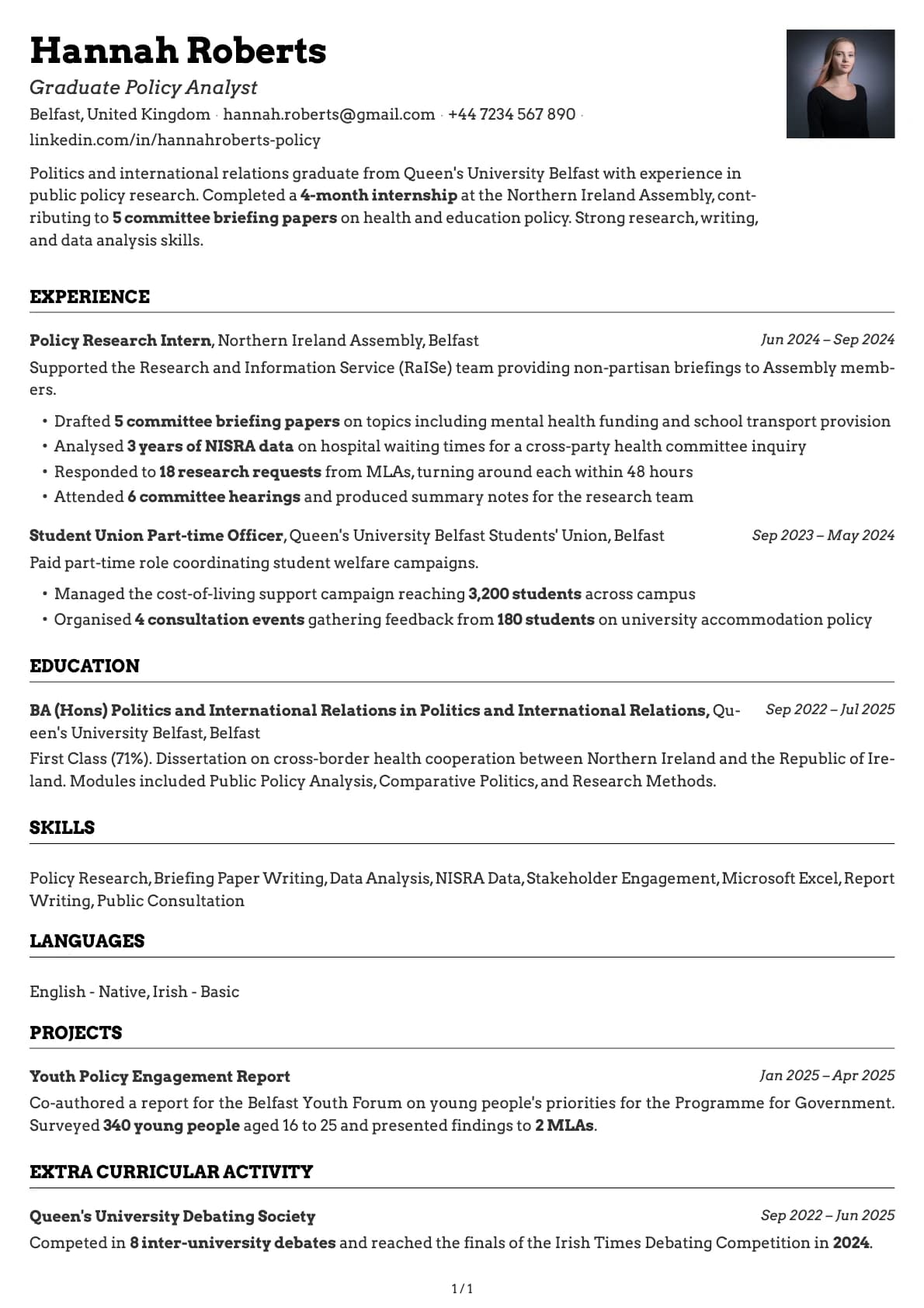 Graduate Policy Analyst resume example