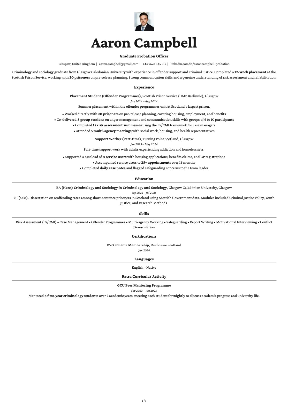 Graduate Probation Officer resume example