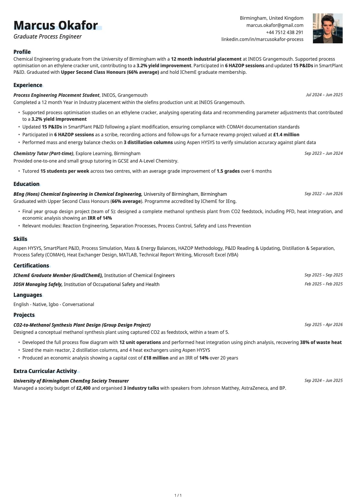 Graduate Process Engineer resume example