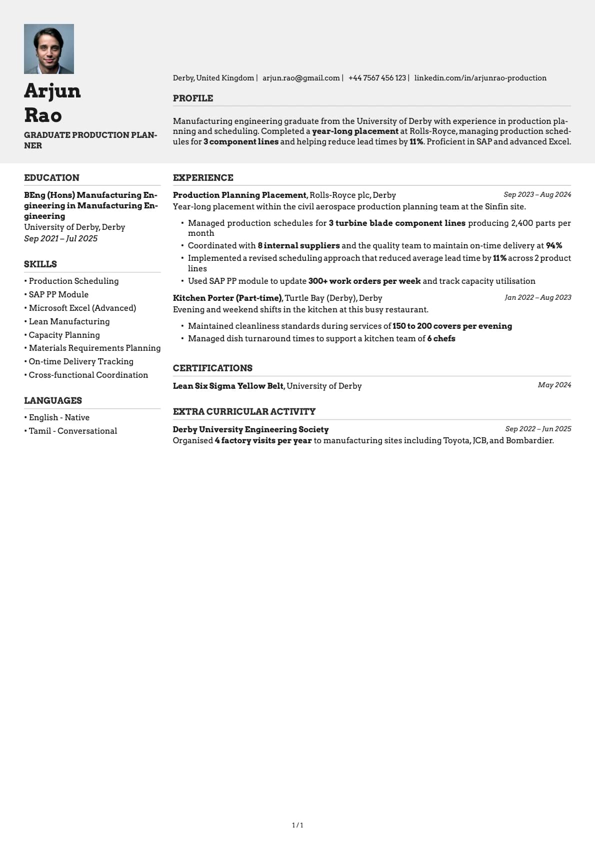 Graduate Production Planner resume example