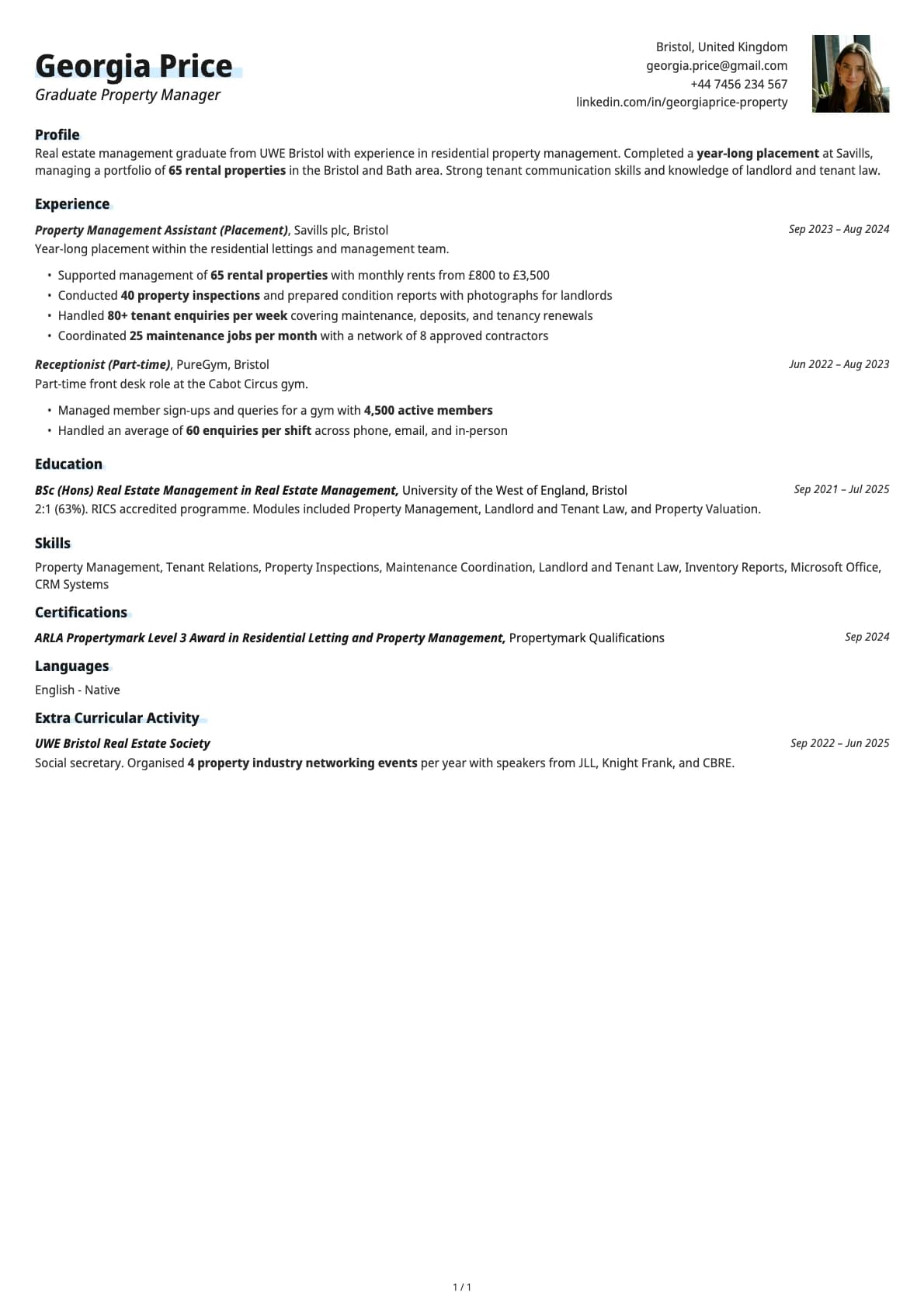 Graduate Property Manager resume example
