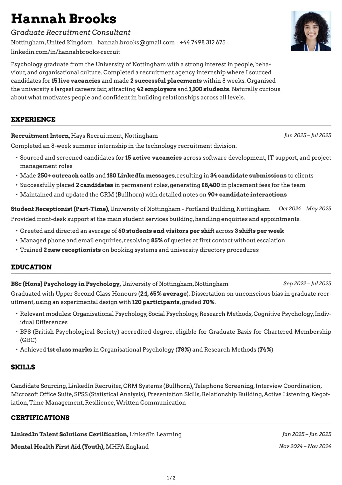 Graduate Recruitment Consultant resume example