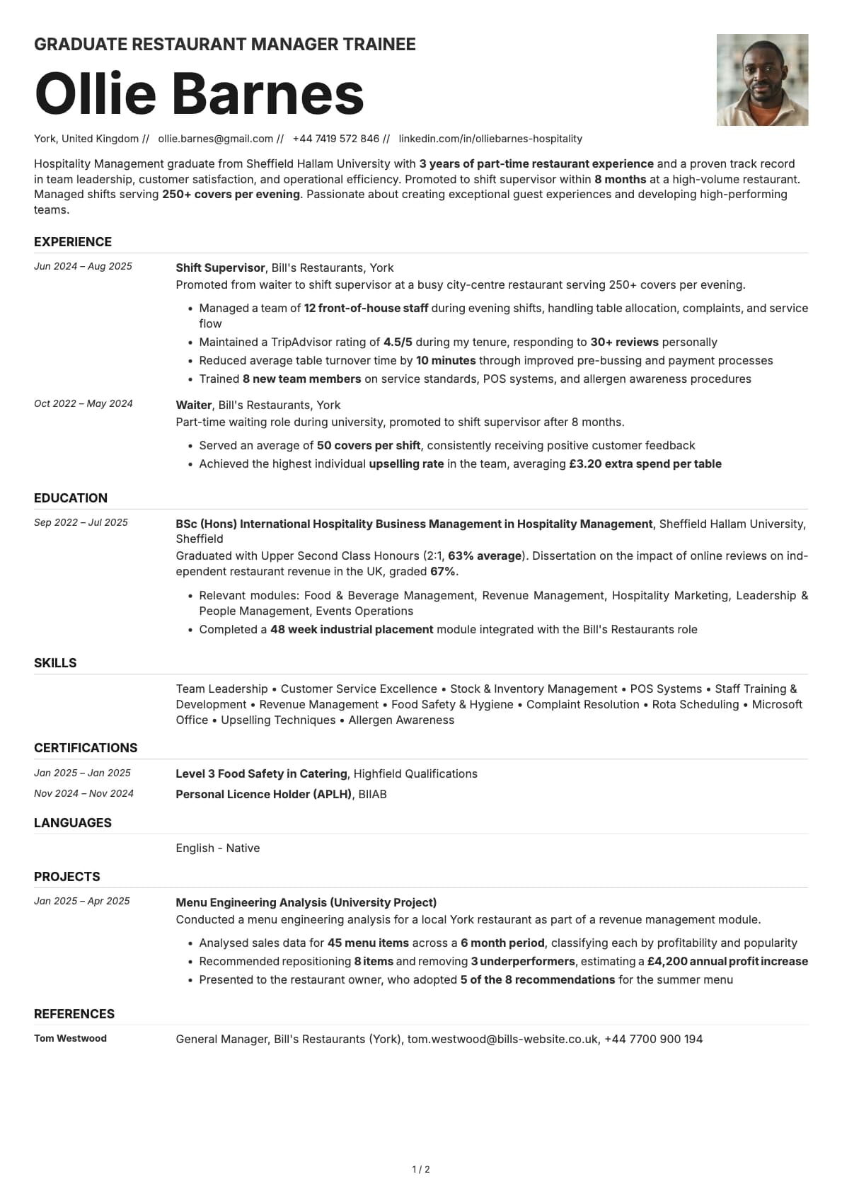 Graduate Restaurant Manager Trainee resume example
