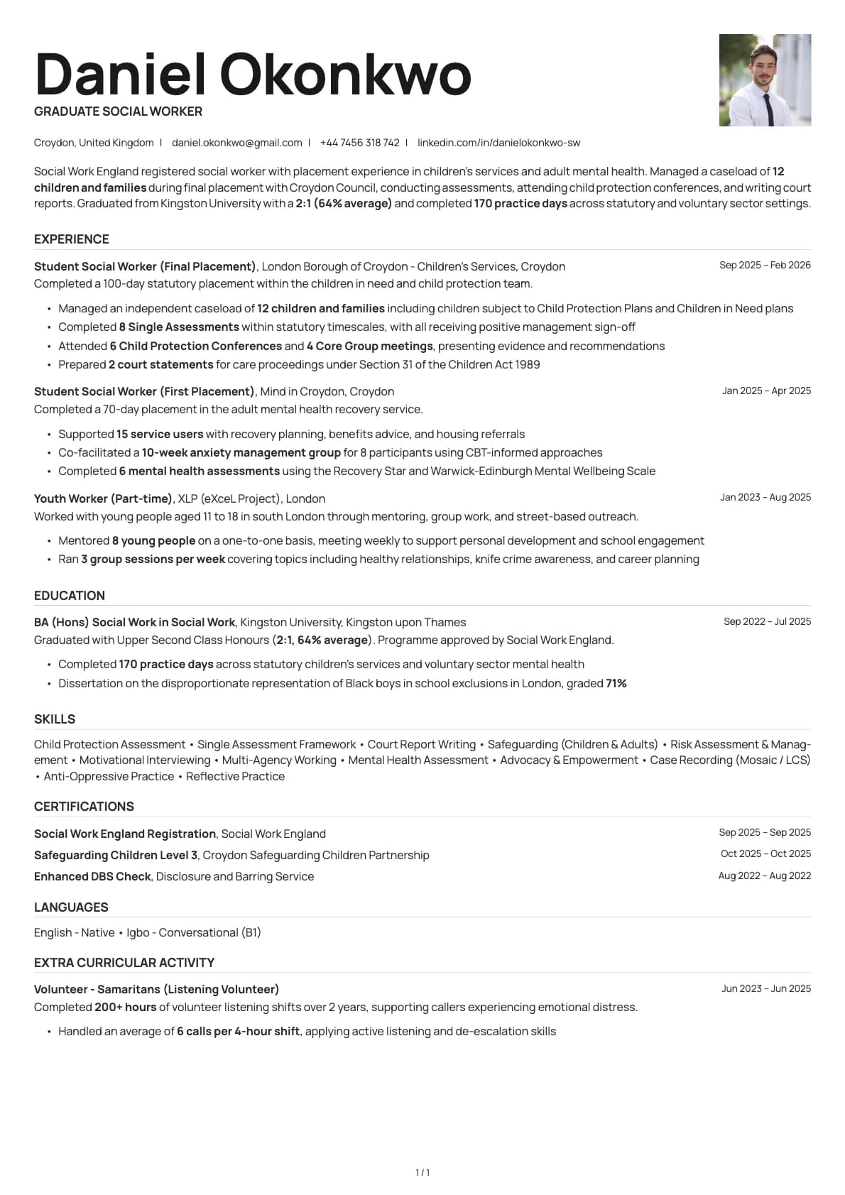 Graduate Social Worker resume example