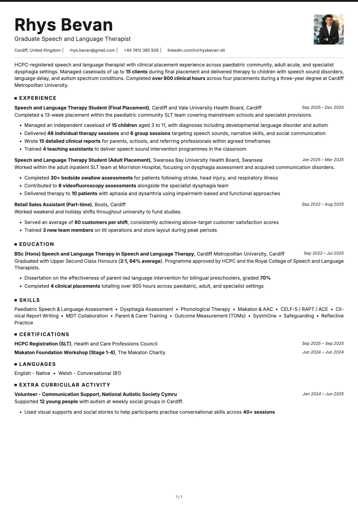 Graduate Speech and Language Therapist resume example