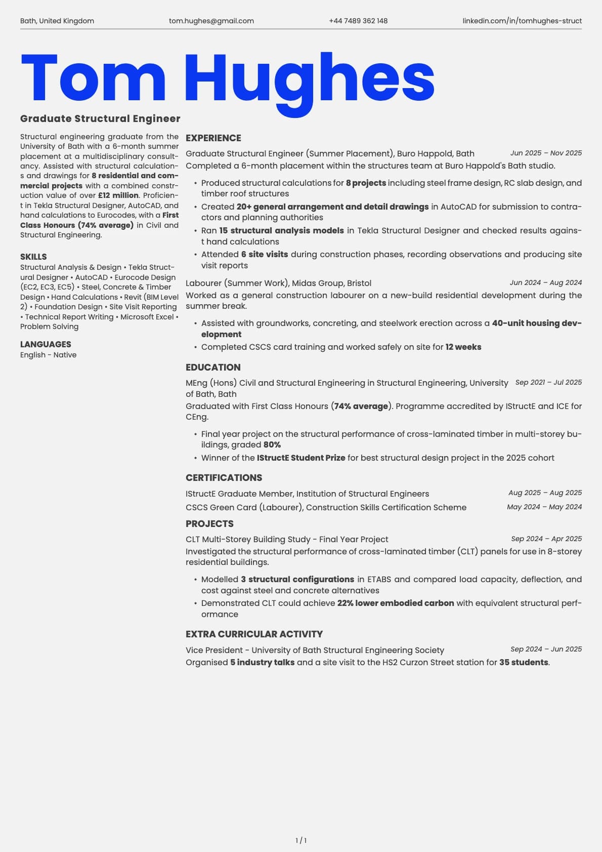 Graduate Structural Engineer resume example