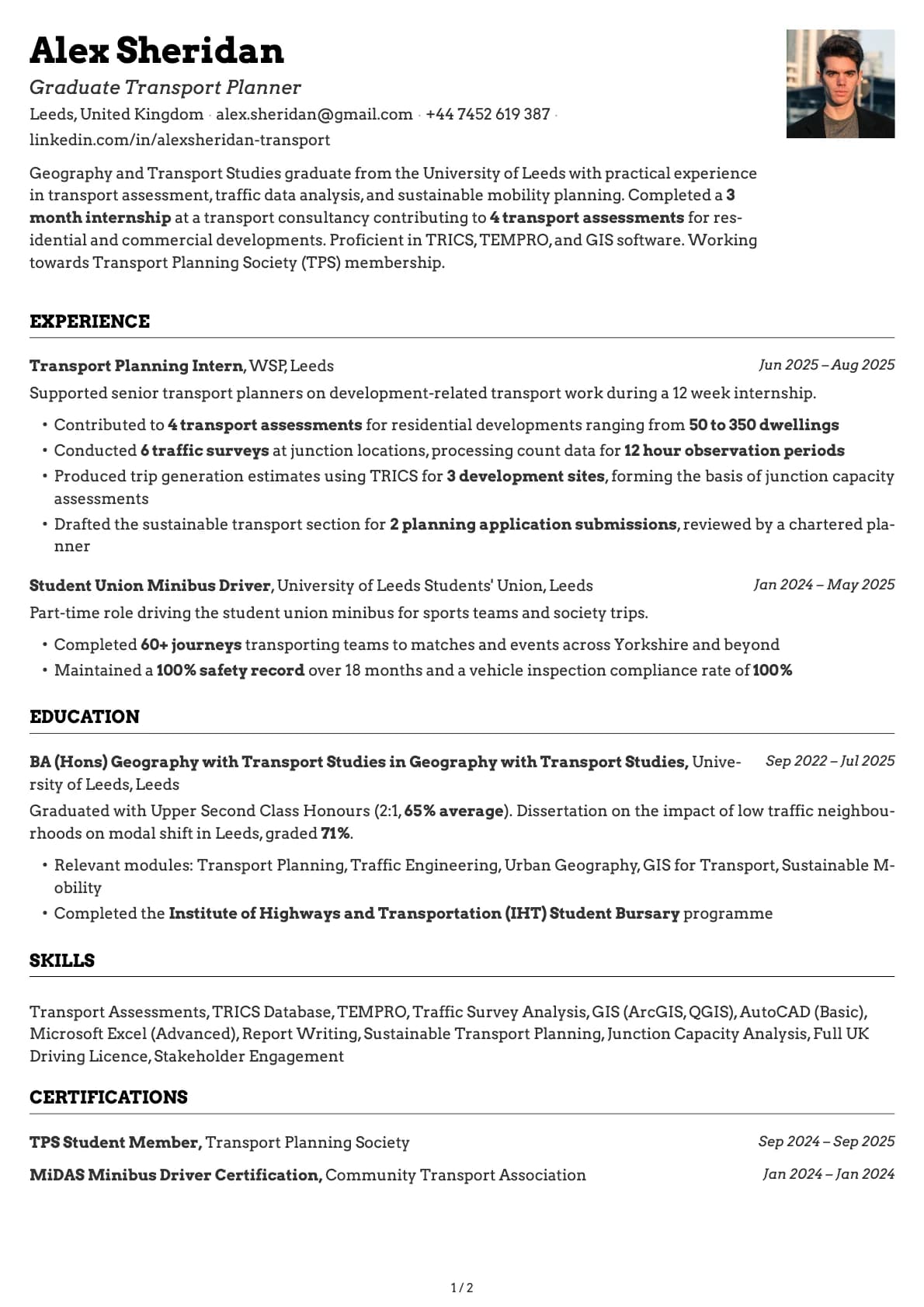 Graduate Transport Planner resume example