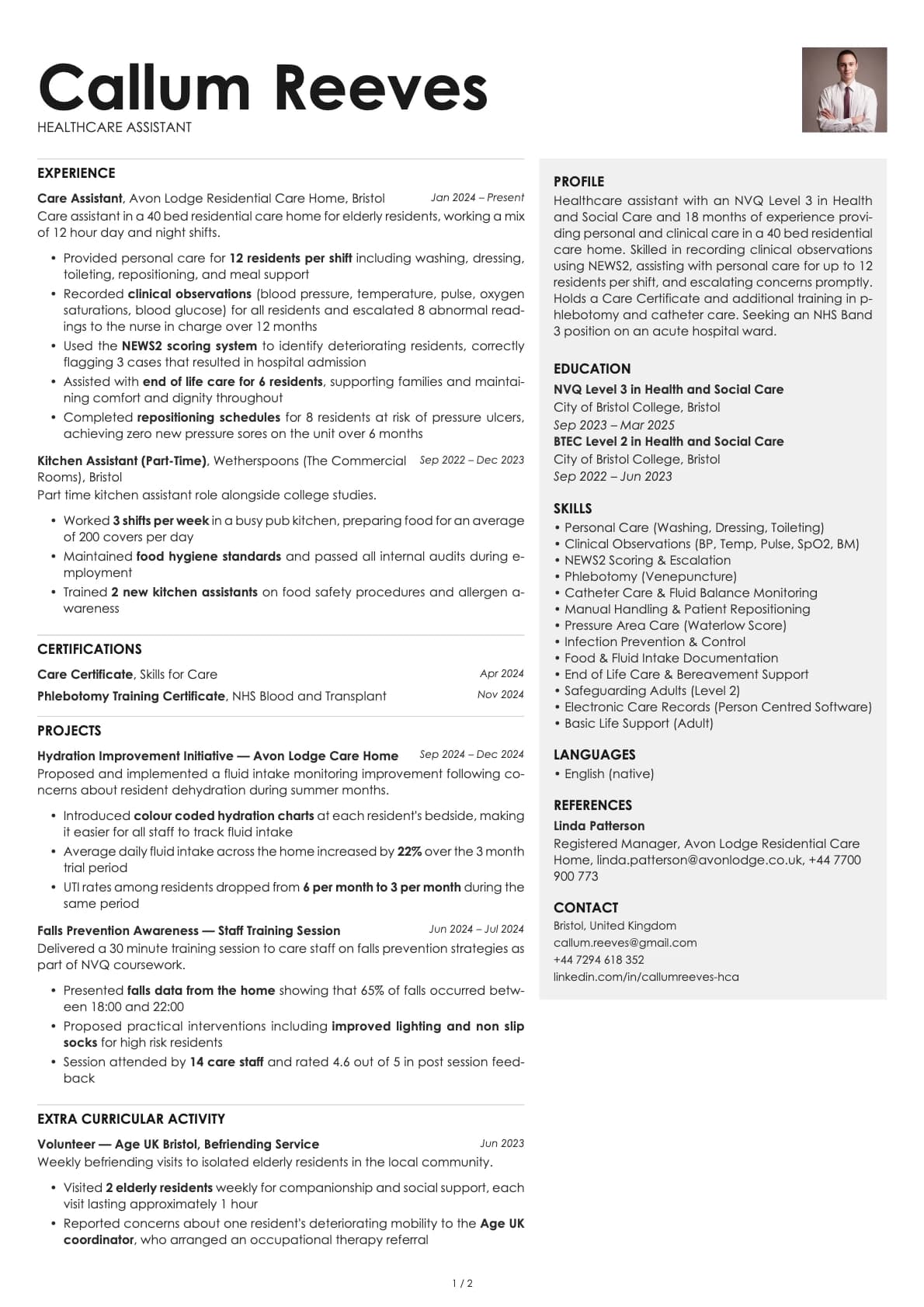 Healthcare Assistant resume example