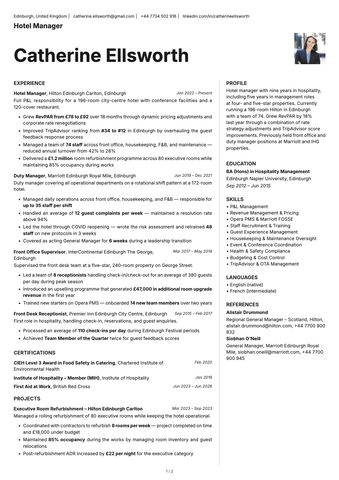 Hotel Manager resume example