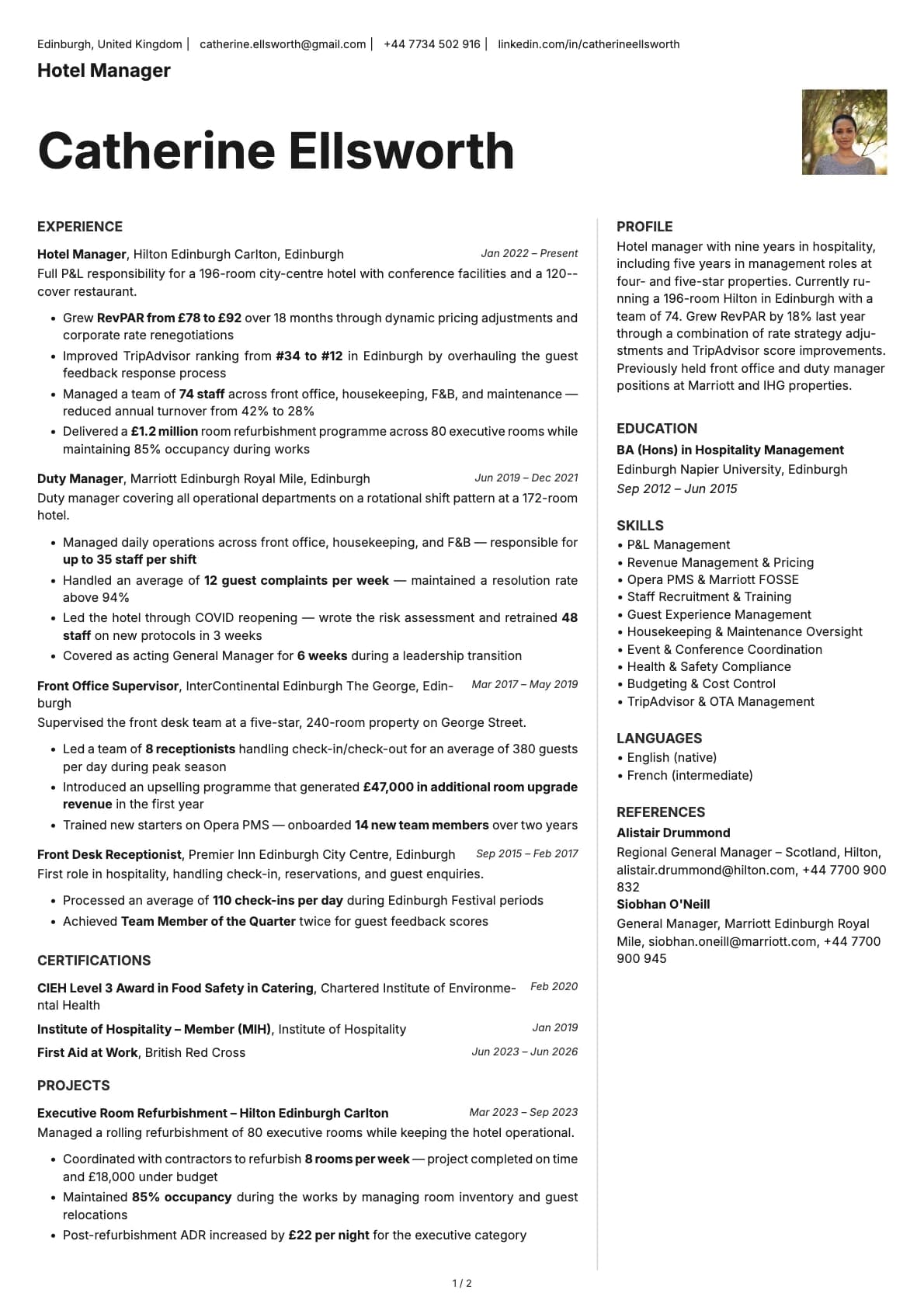 Hotel Manager resume example