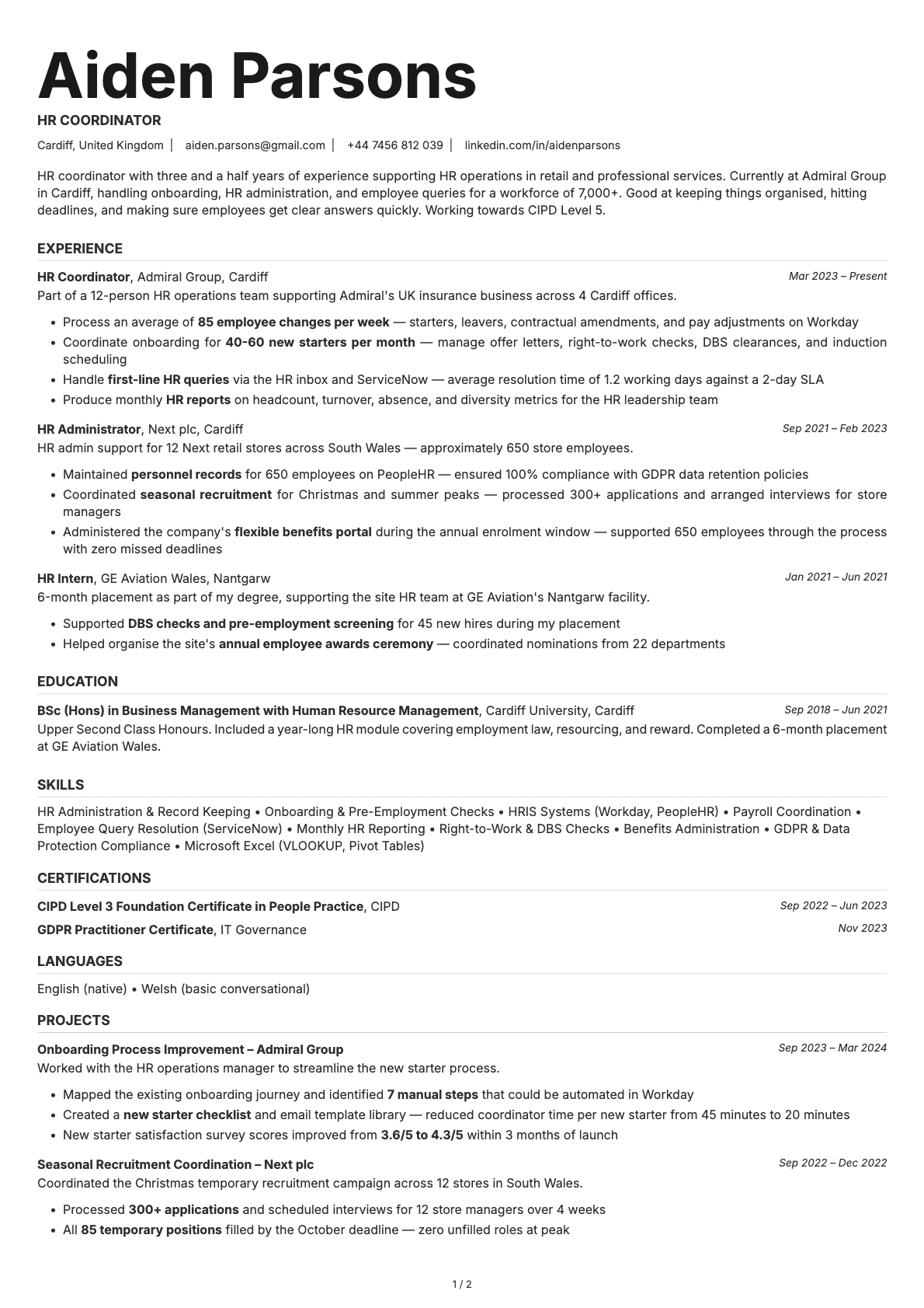 HR Coordinator resume example