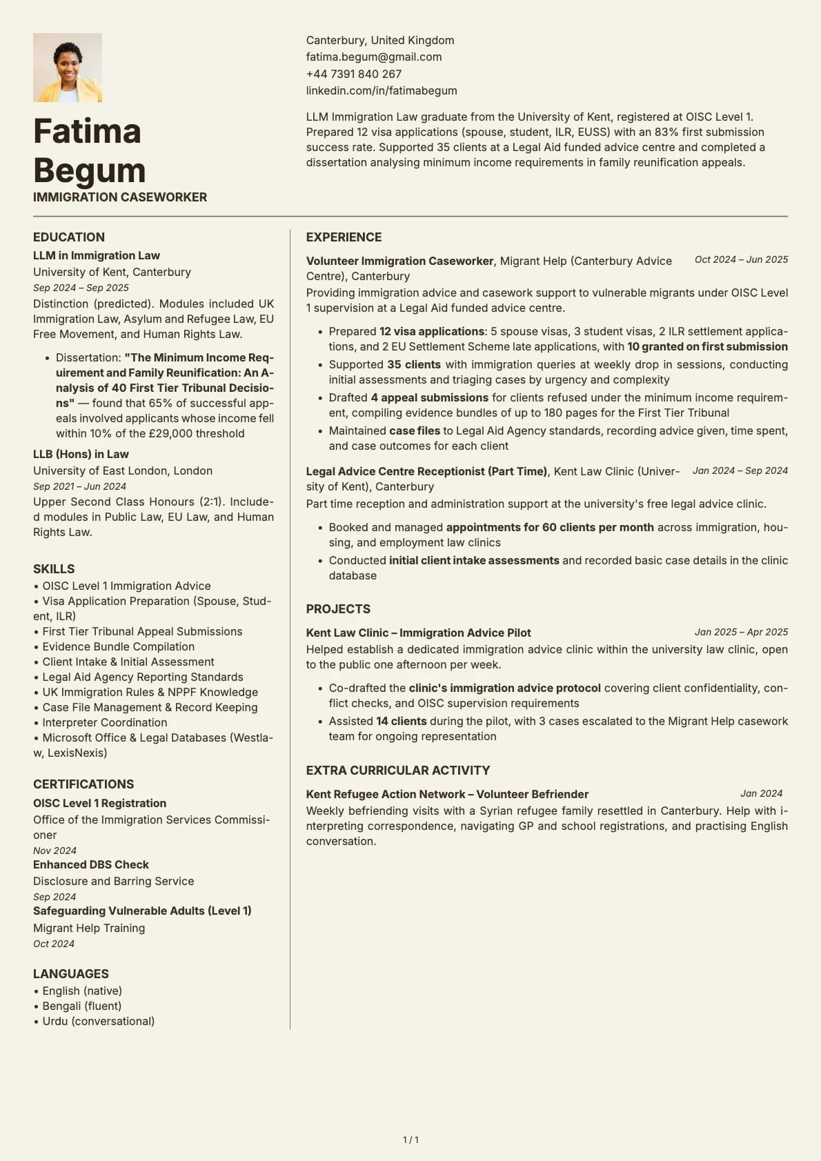 Immigration Caseworker resume example