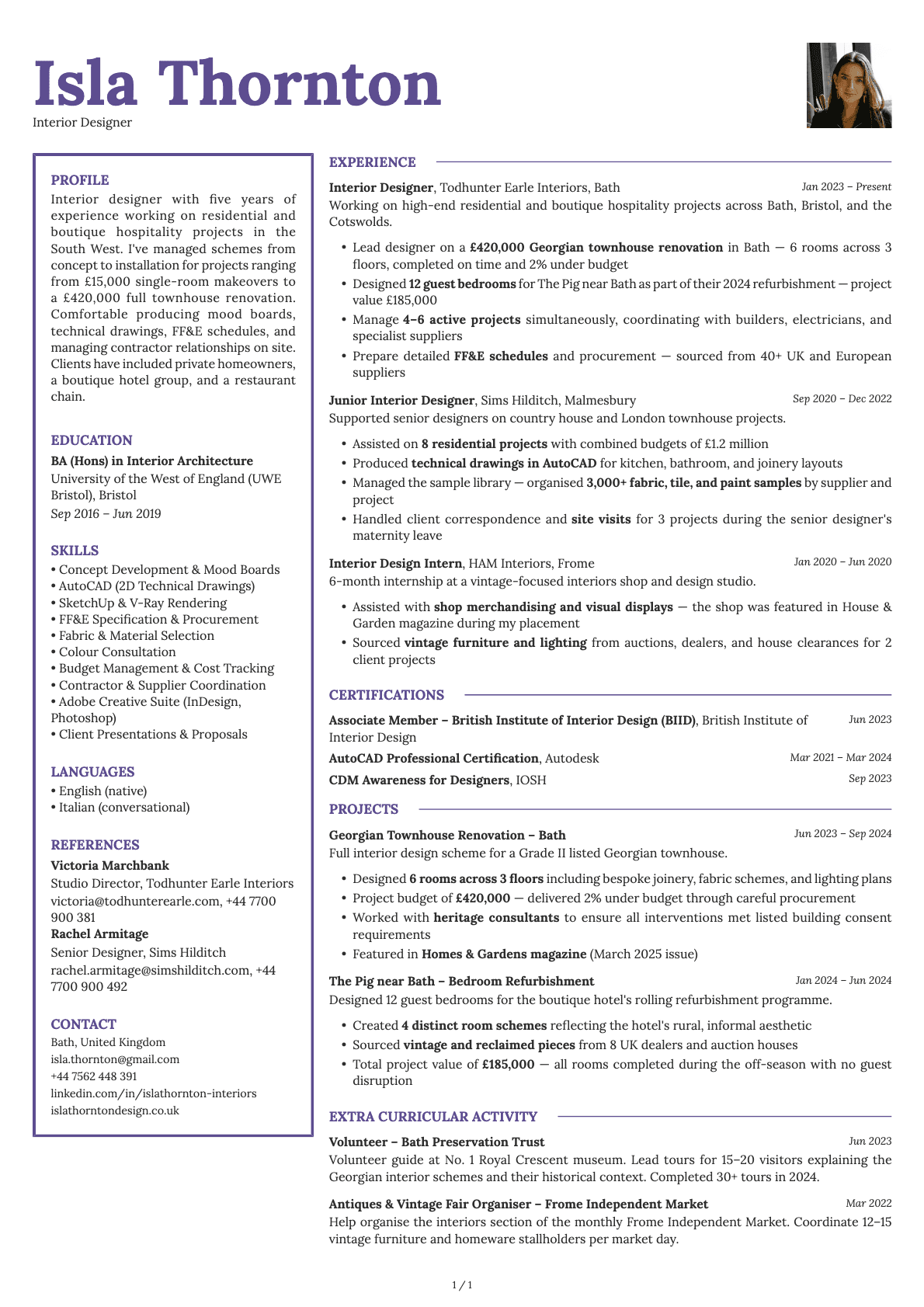 Interior Designer resume example