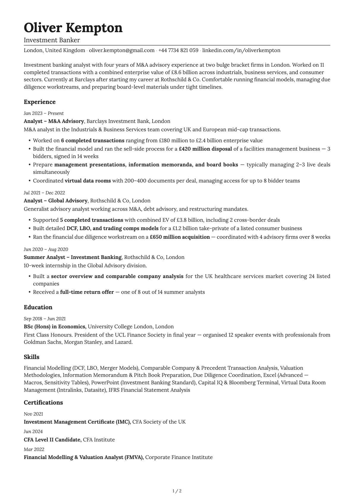 Investment Banker resume example