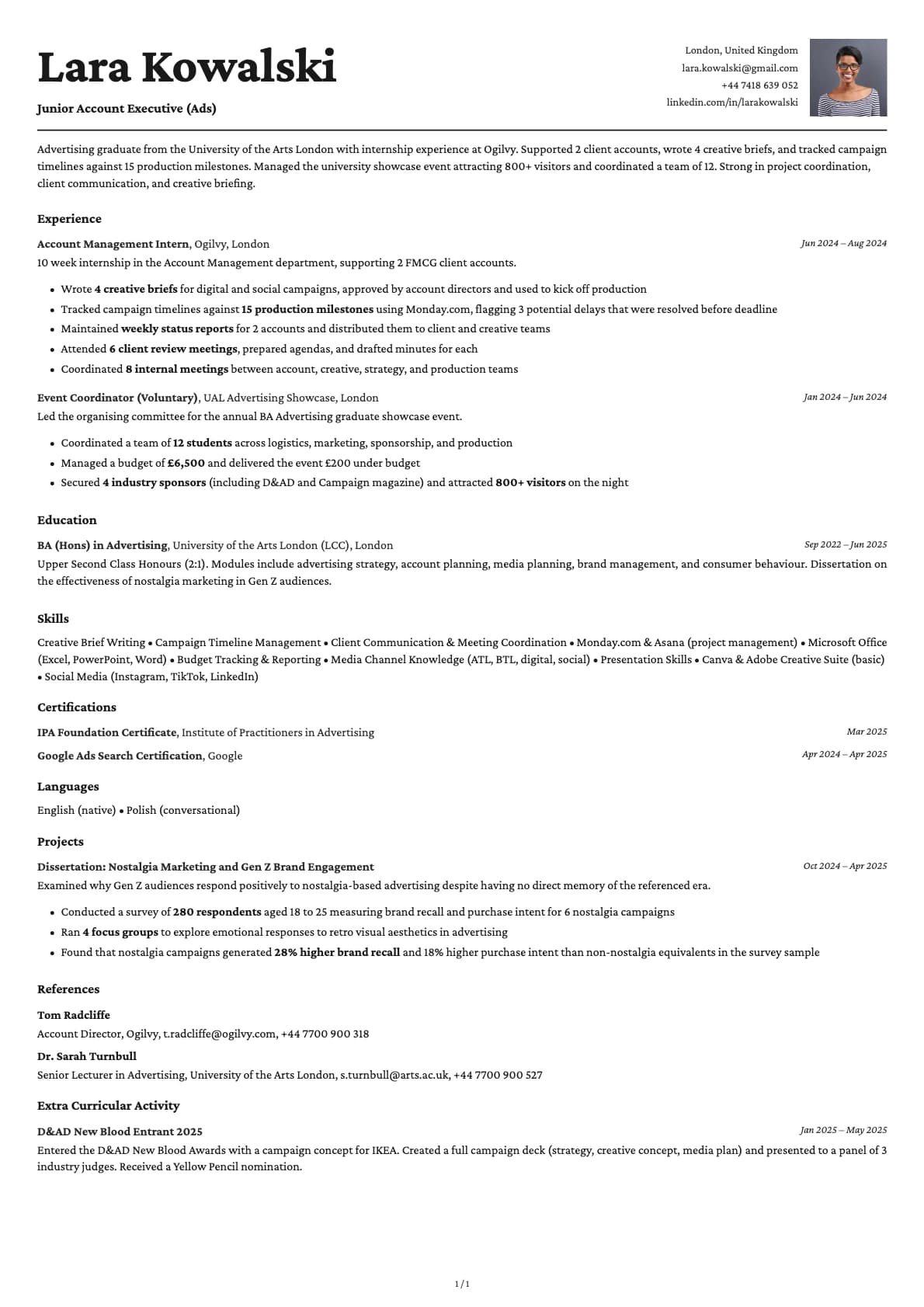 Junior Account Executive (Ads) resume example