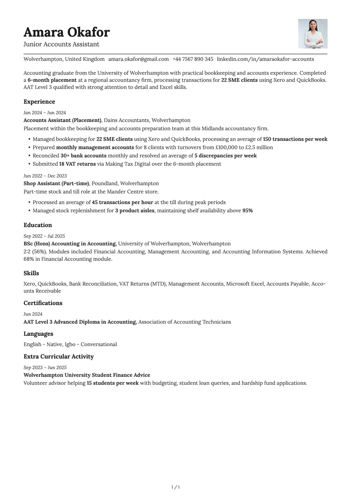 Junior Accounts Assistant resume example