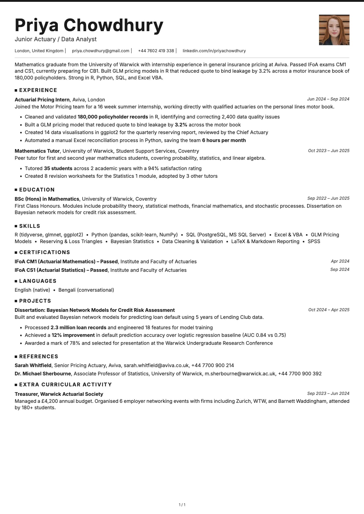 Junior Actuary / Data Analyst resume example