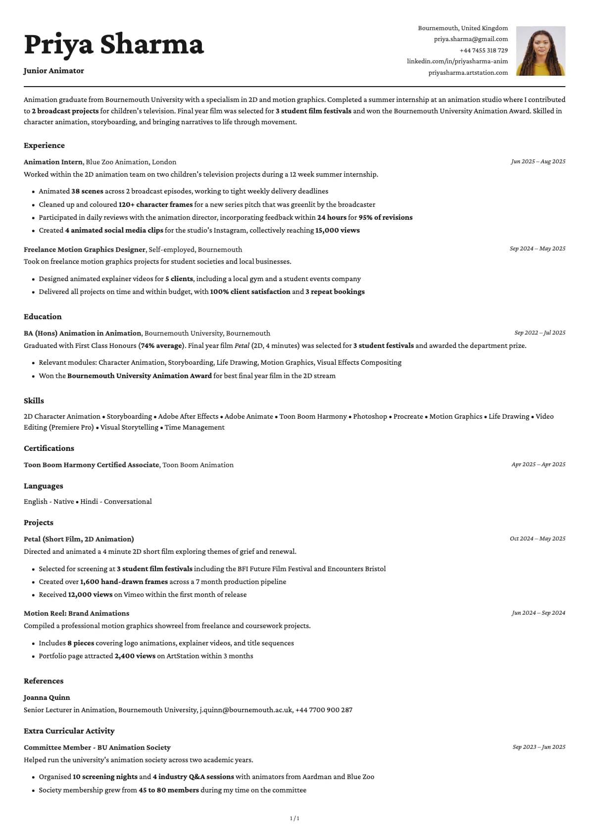 Junior Animator resume example