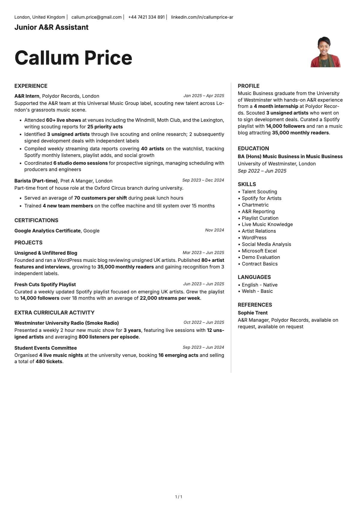 Junior A&R Assistant resume example
