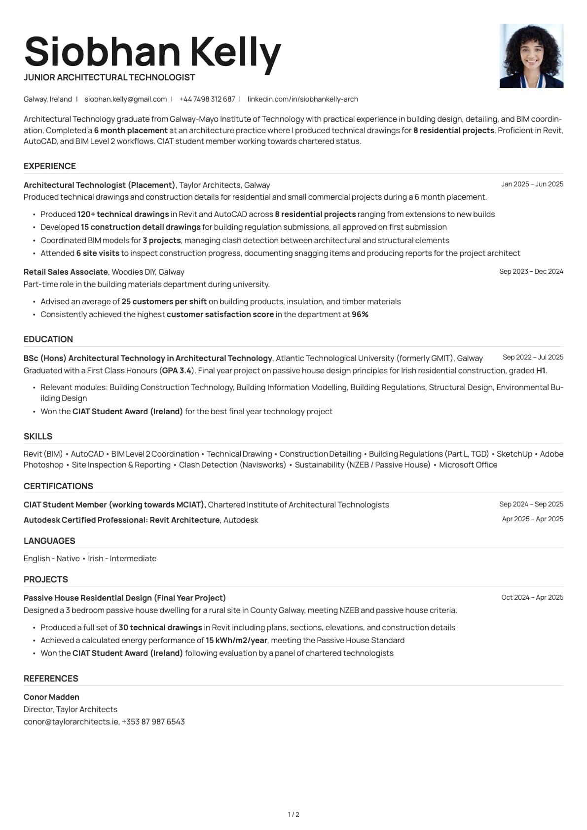 Junior Architectural Technologist resume example